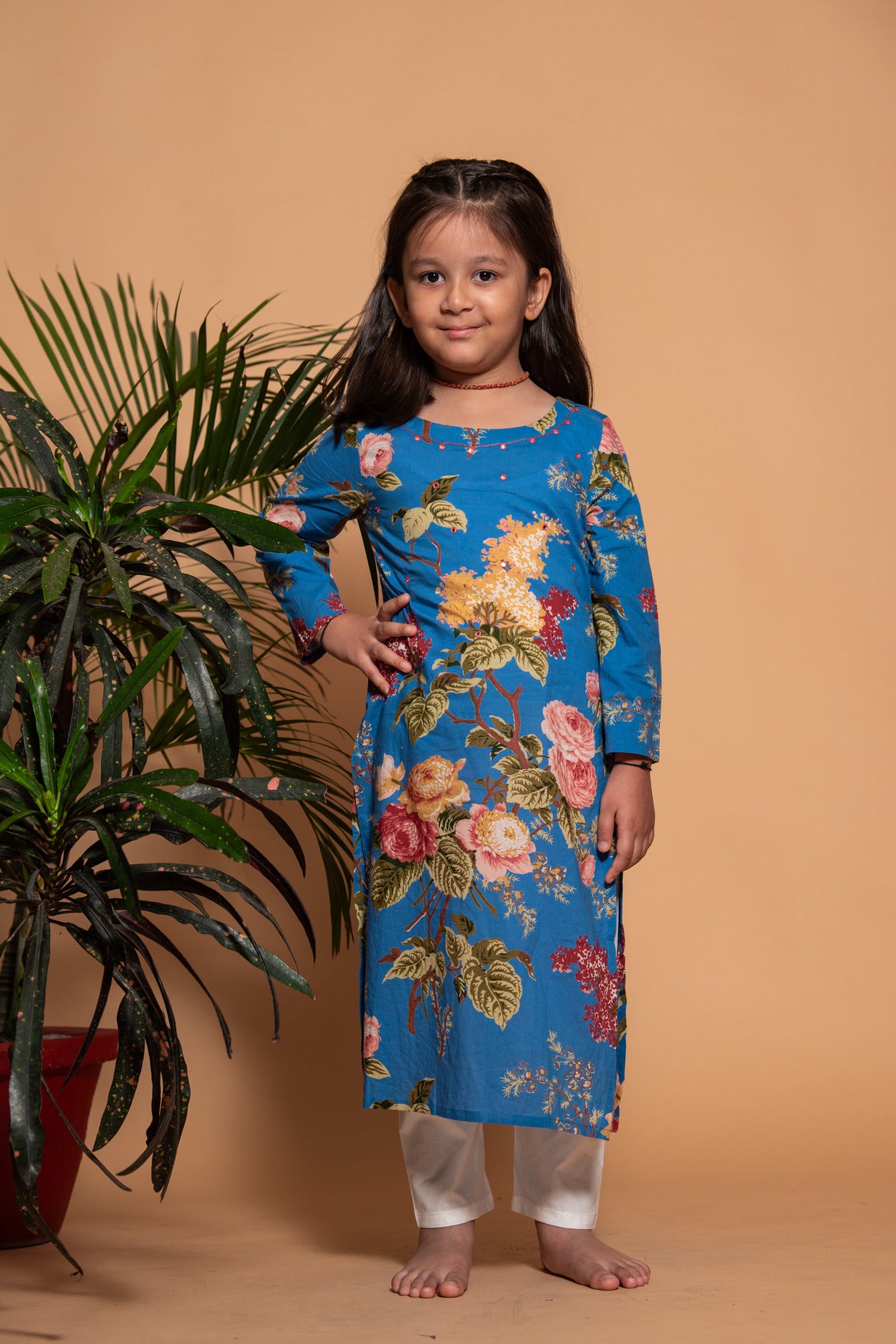 Blue Embellished Floral Printed Cotton Kurti