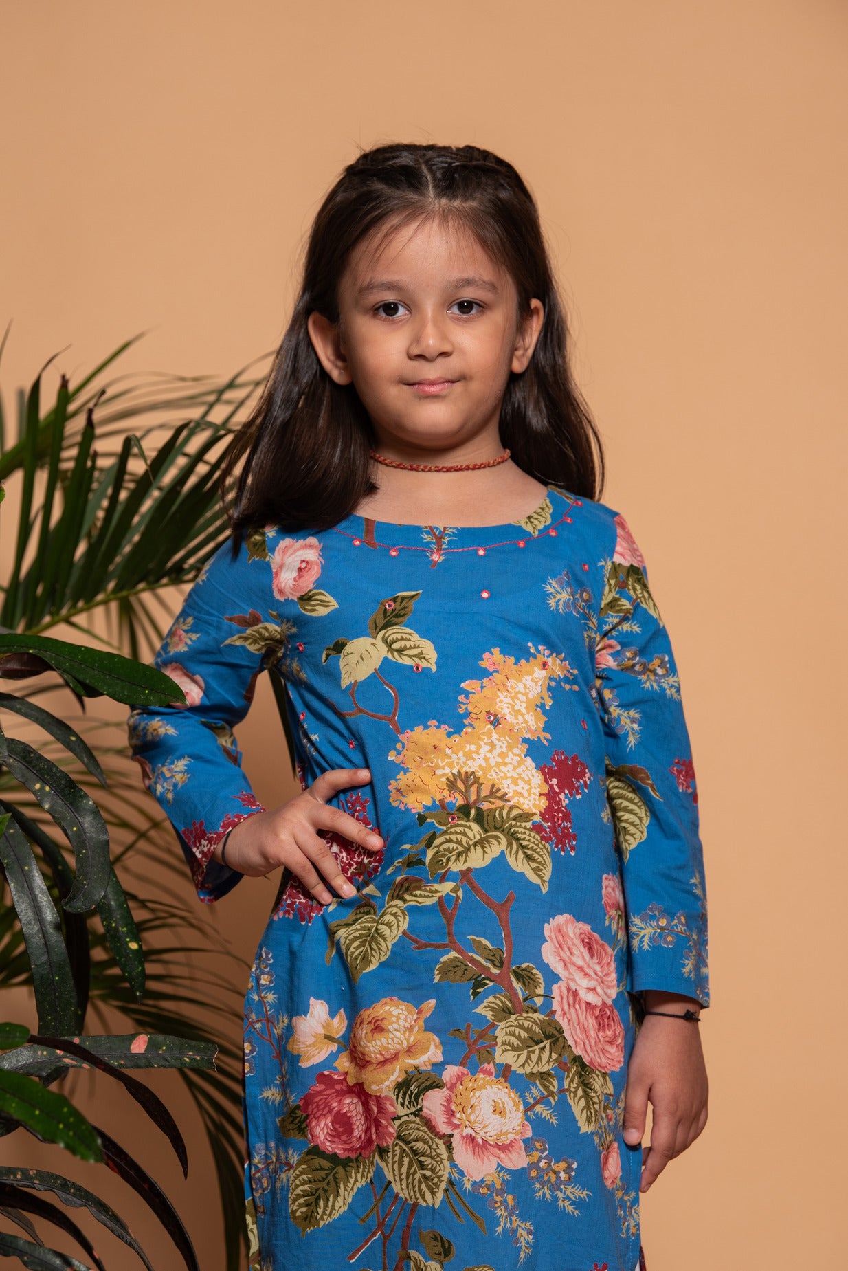 Blue Embellished Floral Printed Cotton Girl's Kurti