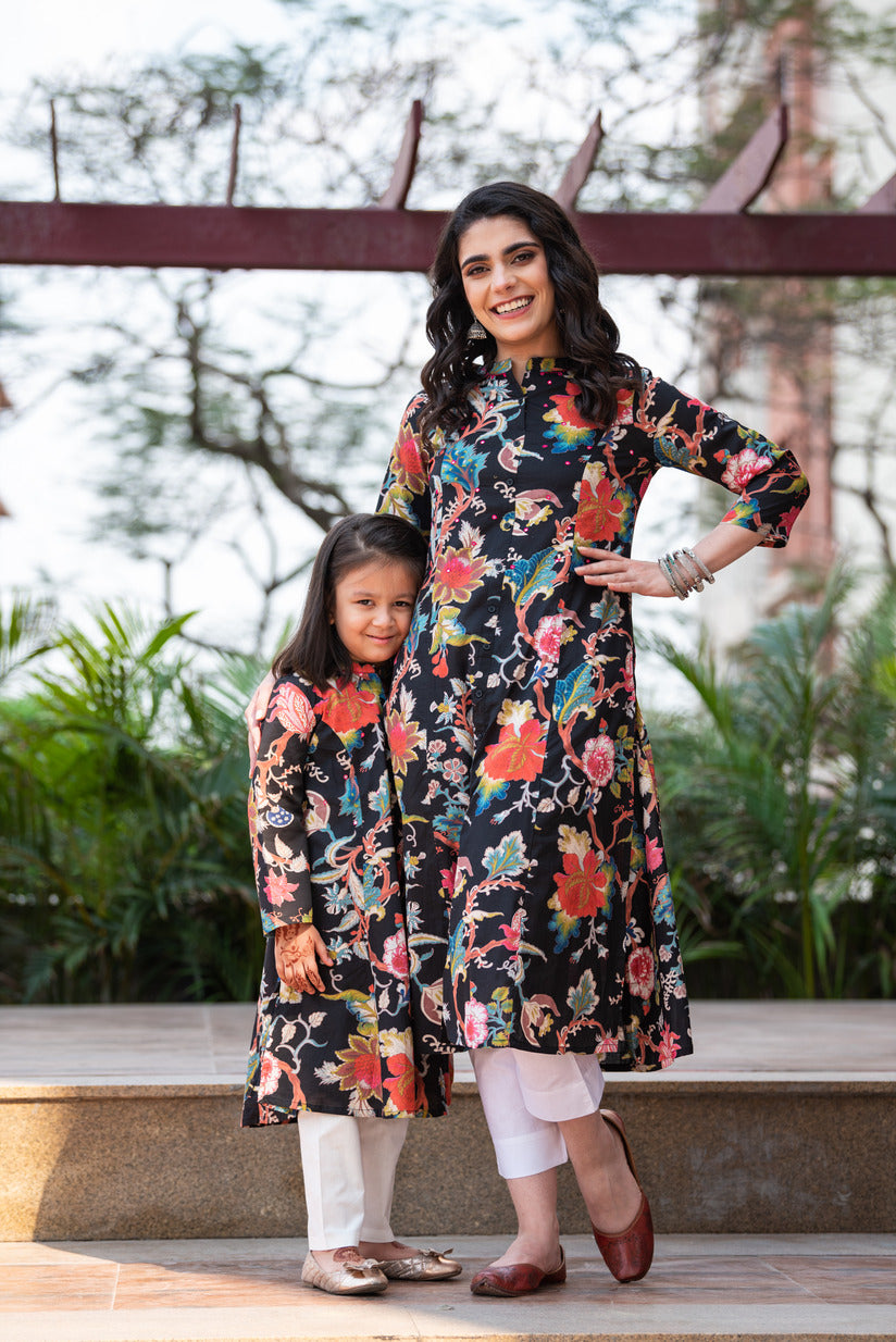 Black Embellished Floral Print Cotton Kurti