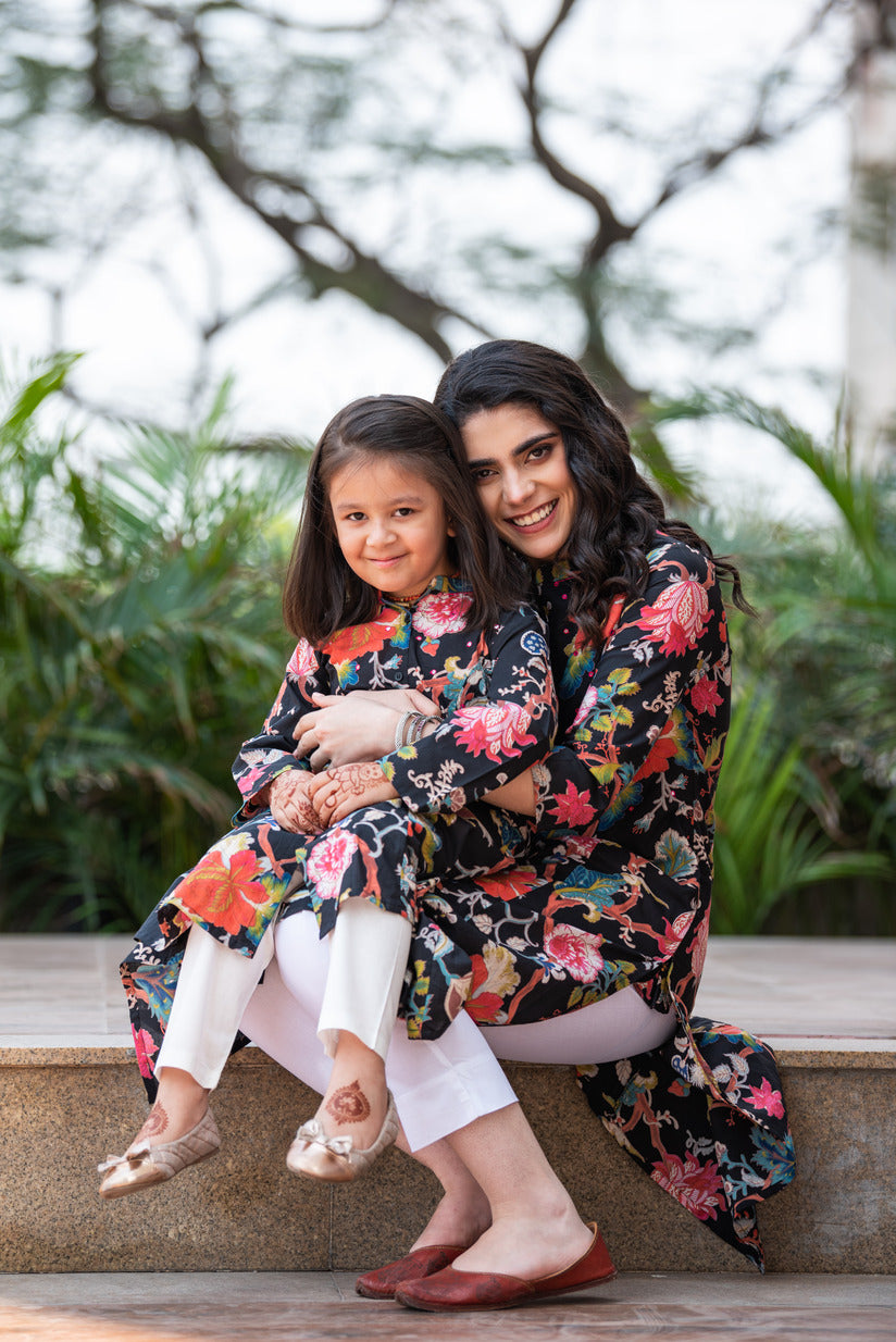 Black Embellished Floral Print Cotton Kurti