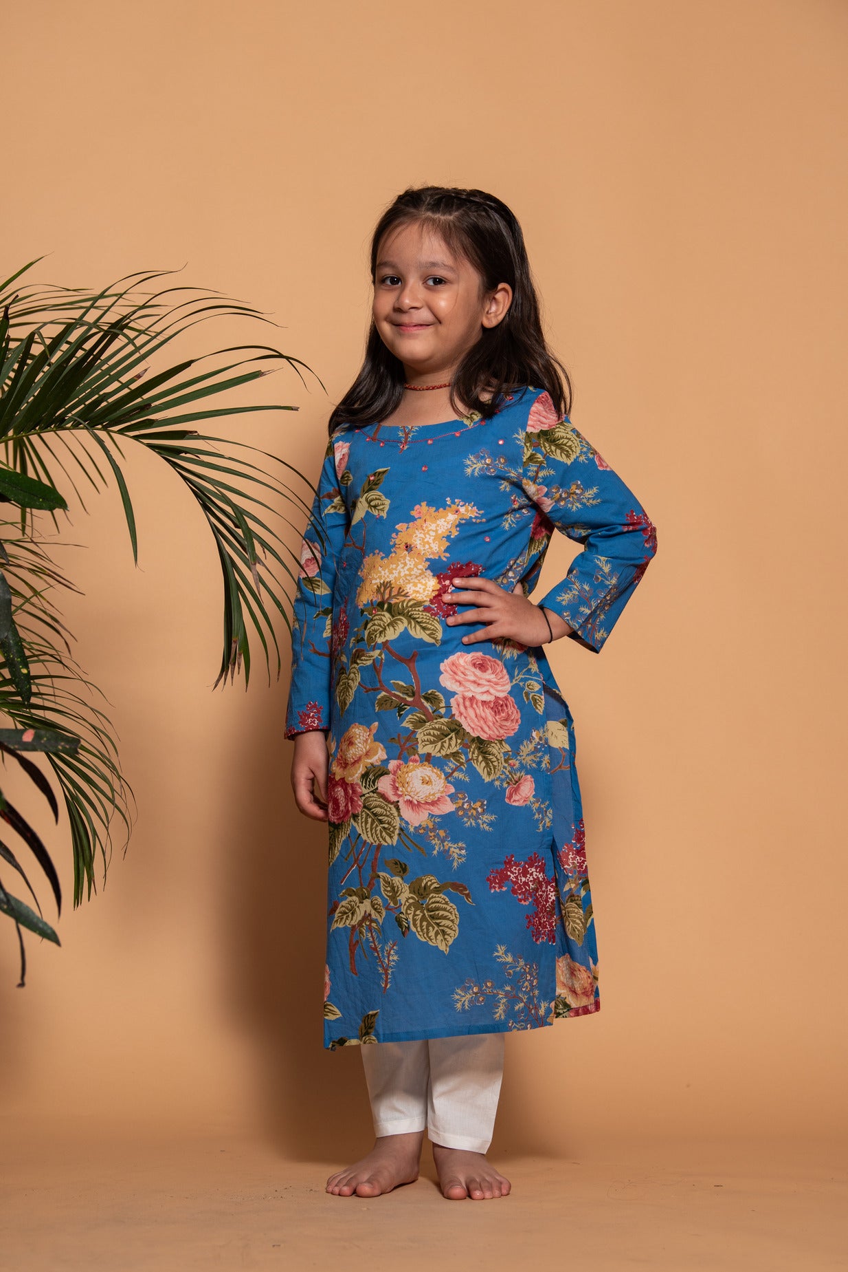 Blue Embellished Floral Printed Cotton Girl's Kurti