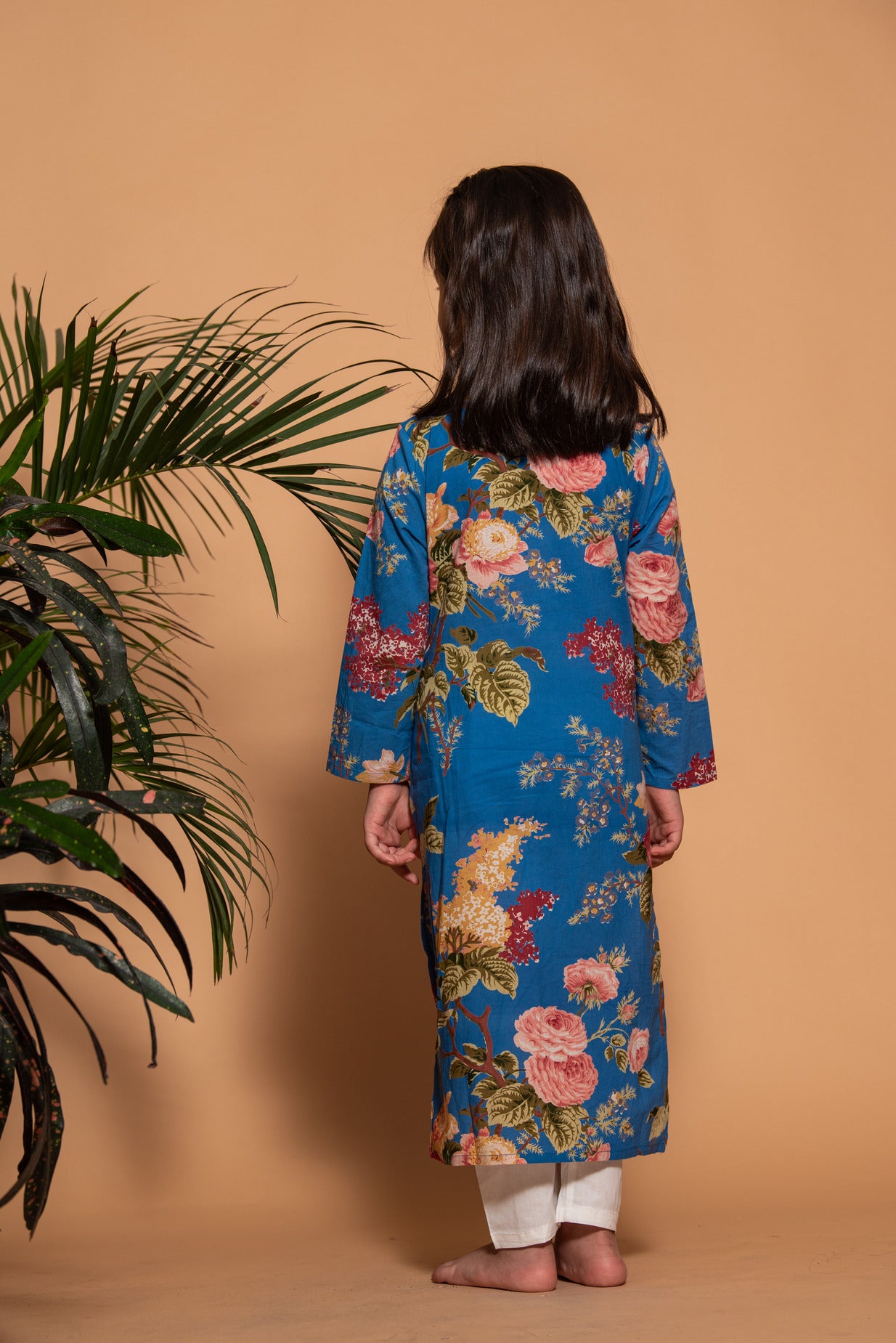 Blue Embellished Floral Printed Cotton Girl's Kurti