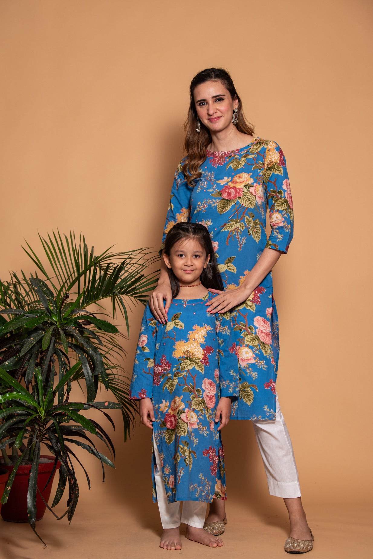 Blue Embellished Floral Printed Cotton Kurti
