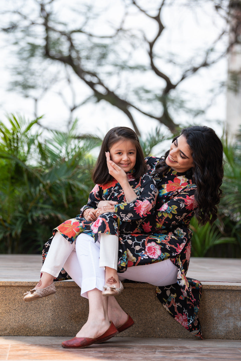 Black Embellished Floral Print Cotton Kurti
