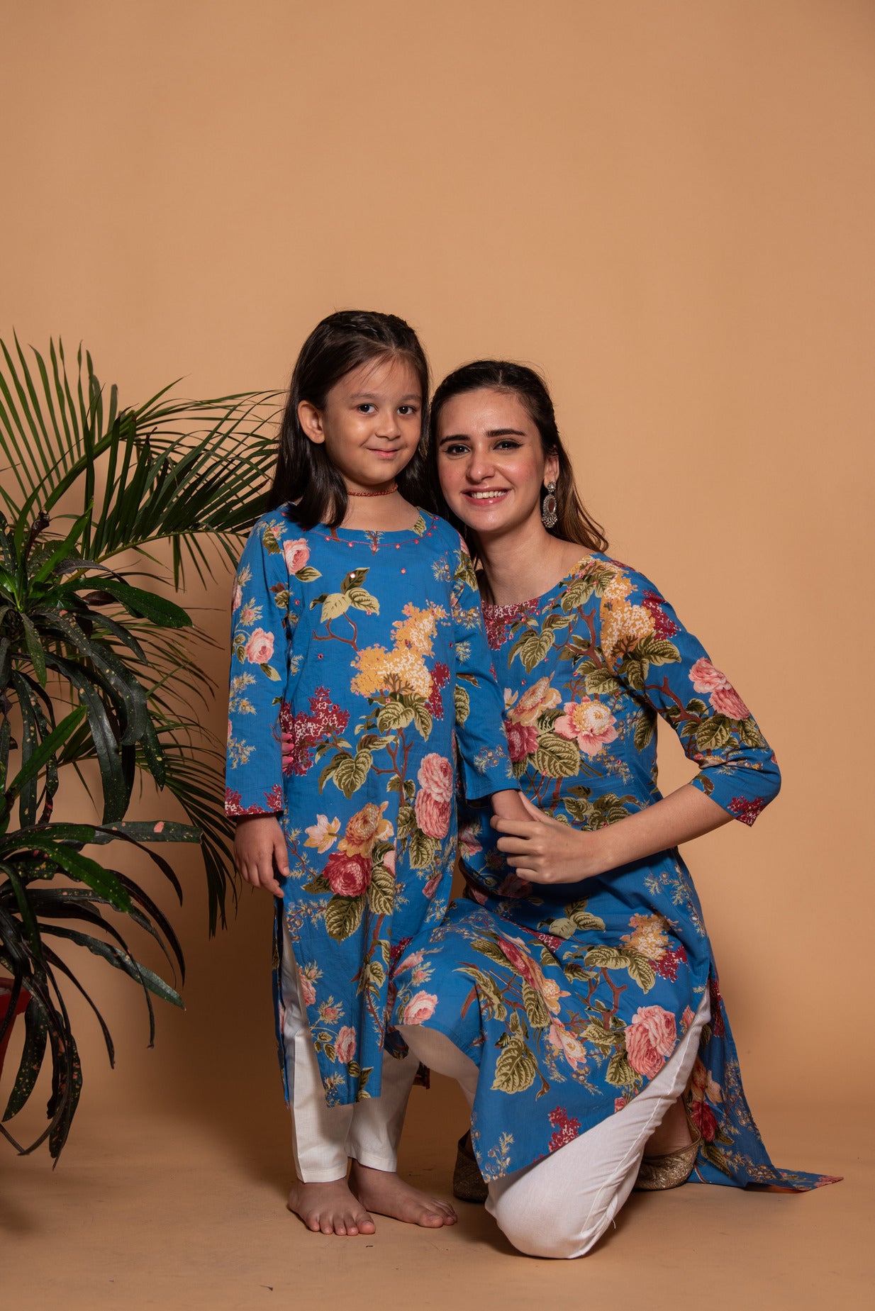 Blue Embellished Floral Printed Cotton Kurti