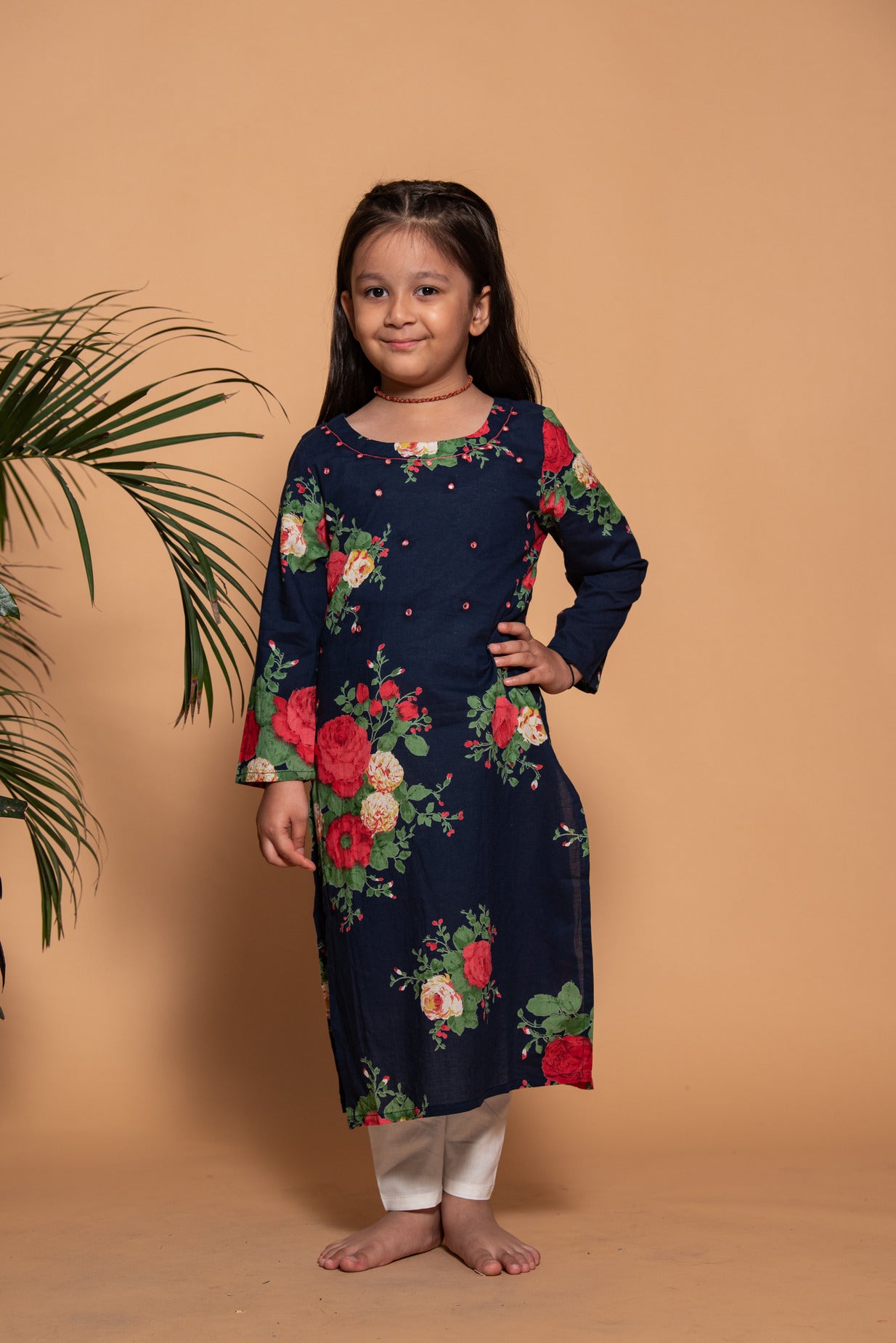 Mid Night Blue Floral Printed Cotton Kurti