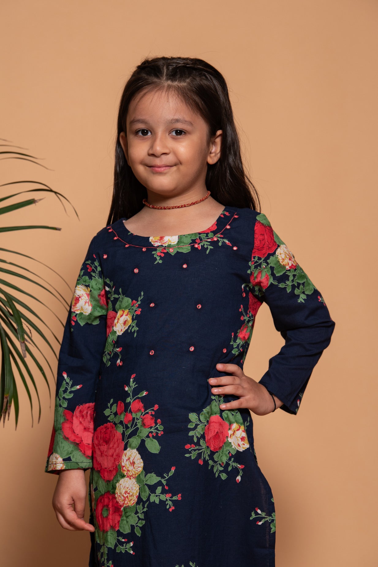 Mid Night Blue Floral Printed Cotton Kurti