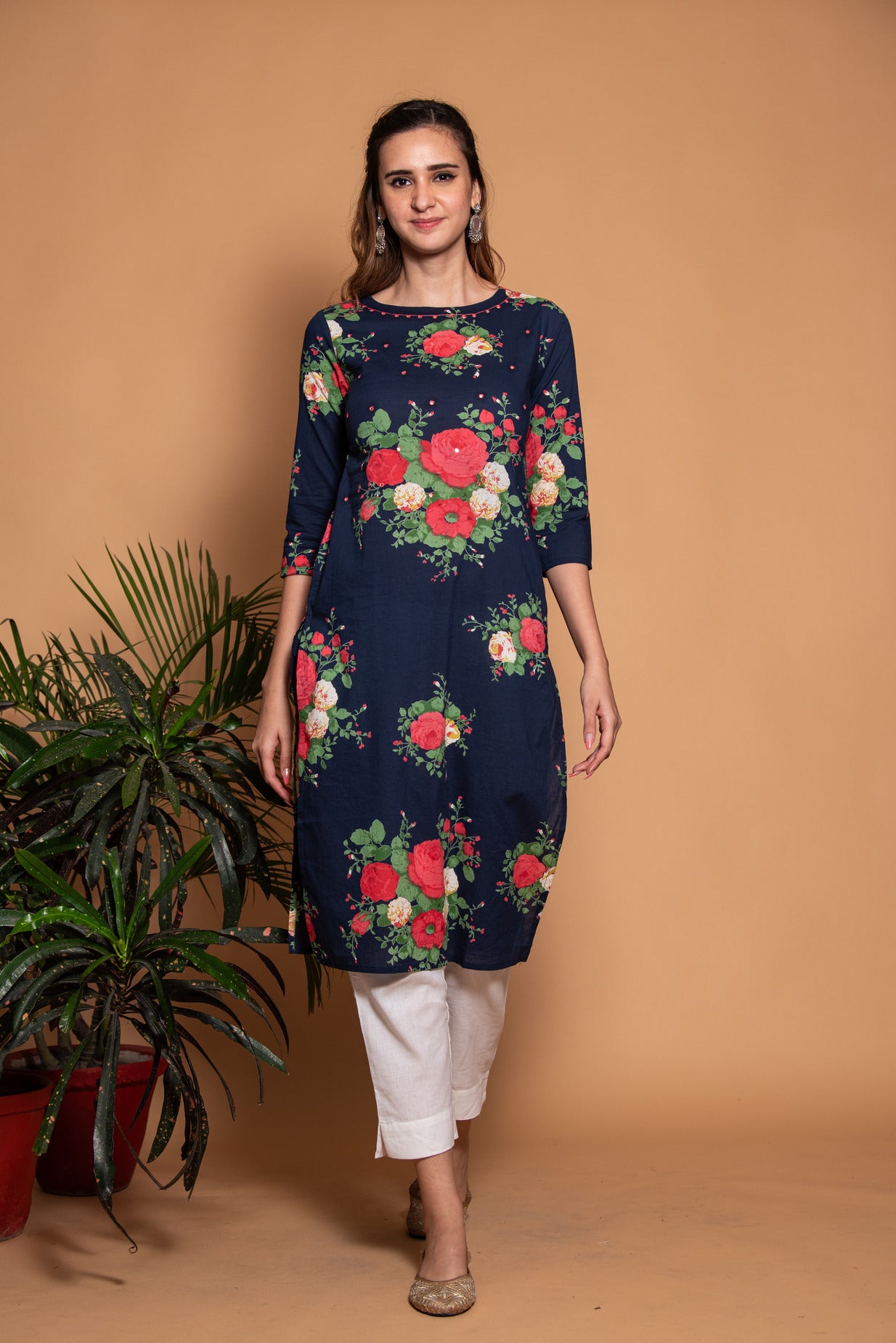 Mid Night Blue Floral Printed Cotton Kurti