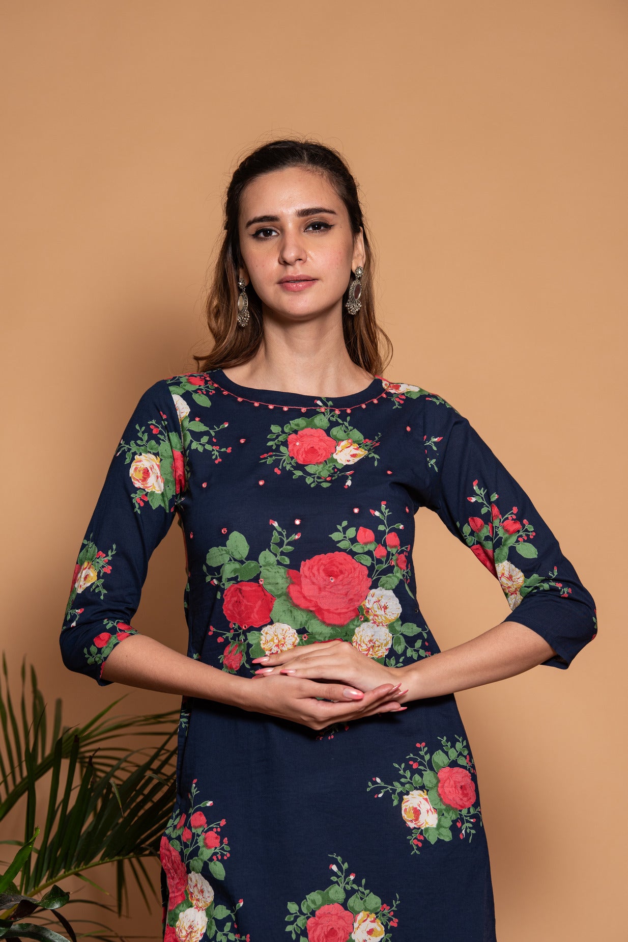 Mid Night Blue Floral Printed Cotton Kurti