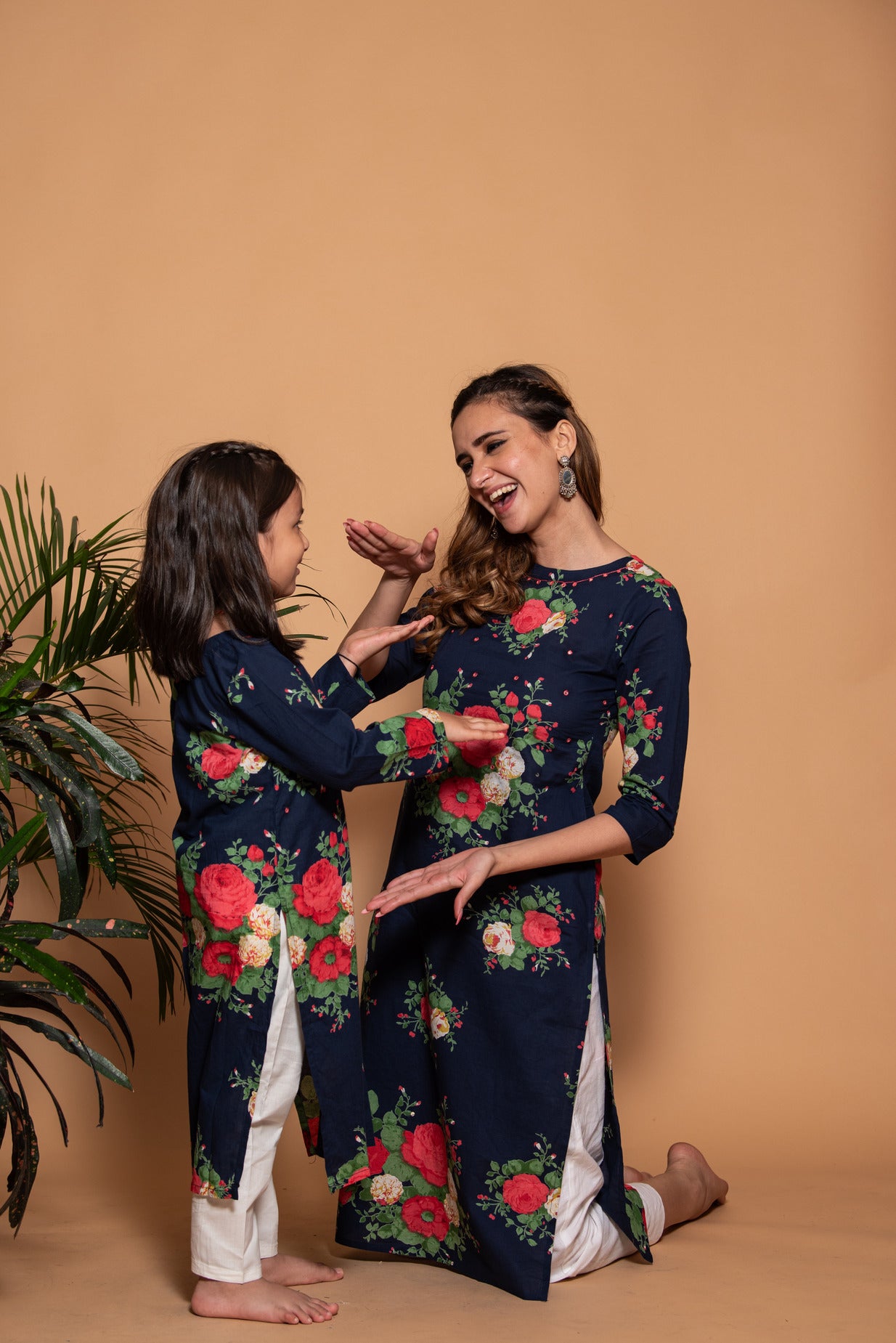 Mid Night Blue Floral Printed Cotton Kurti