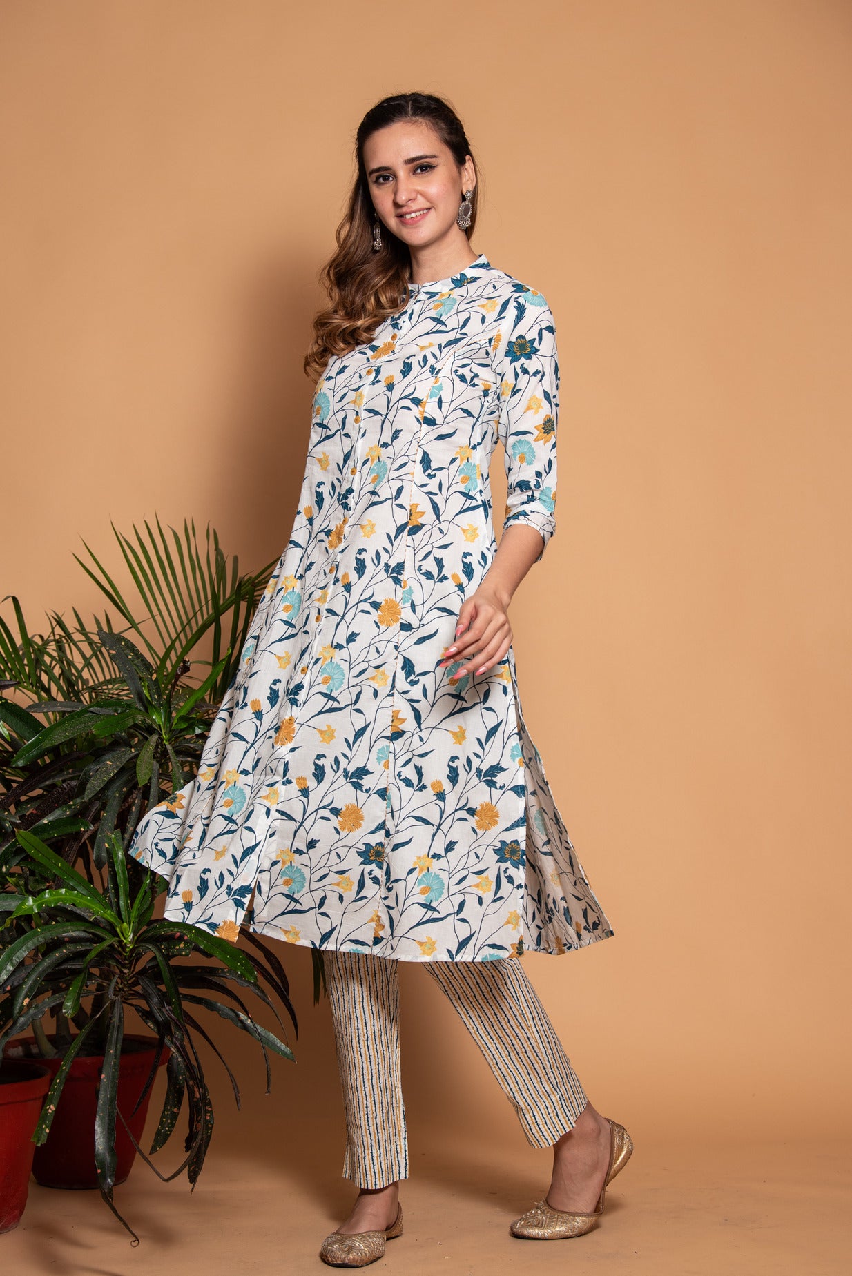 White with Mustard Floral Printed Cotton Kurti