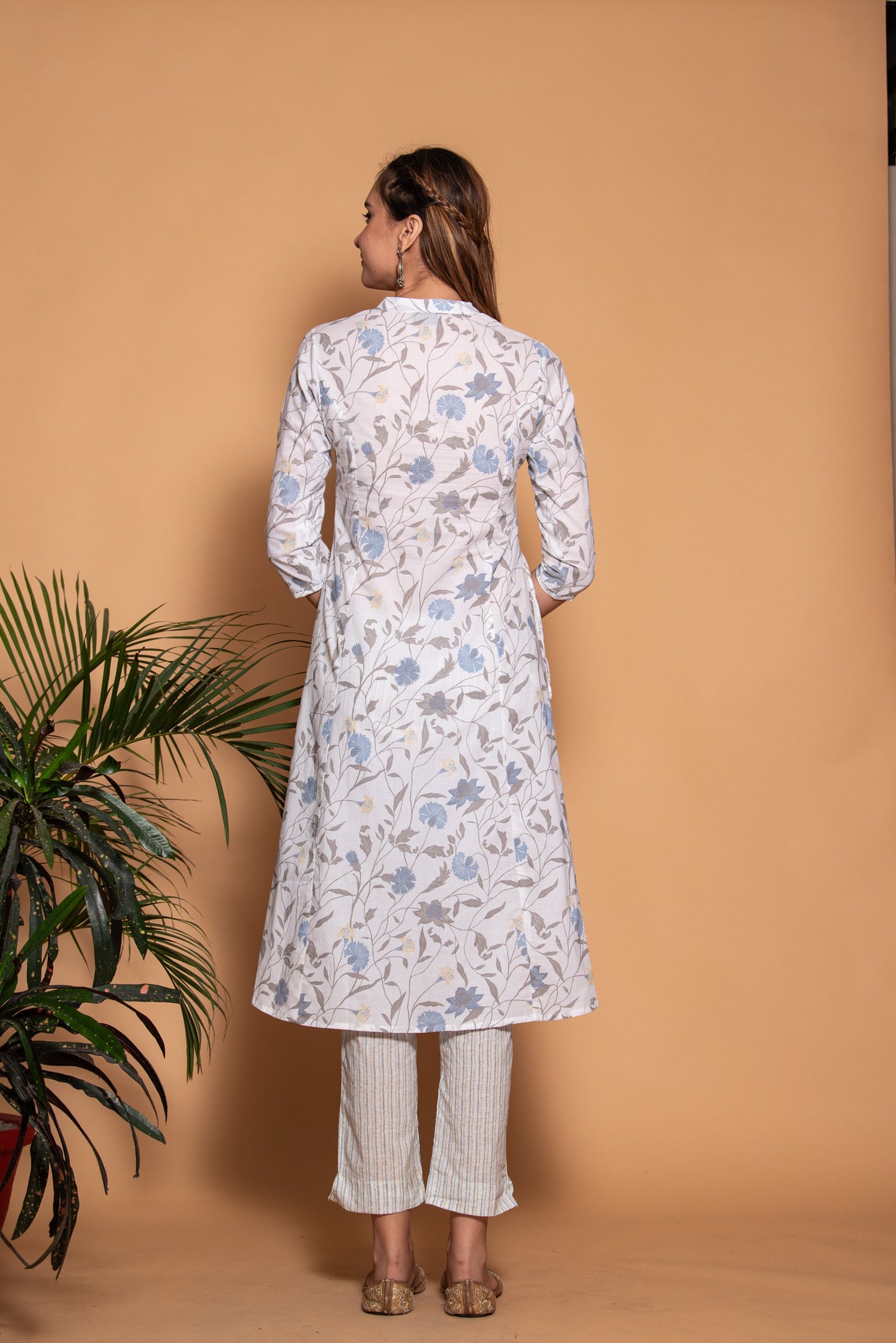 White With Grey Floral Printed Cotton Kurti