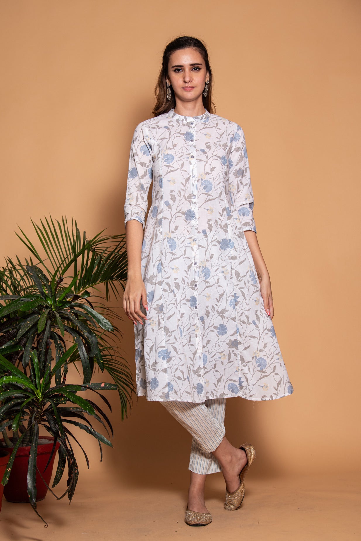 White With Grey Floral Printed Cotton Kurti
