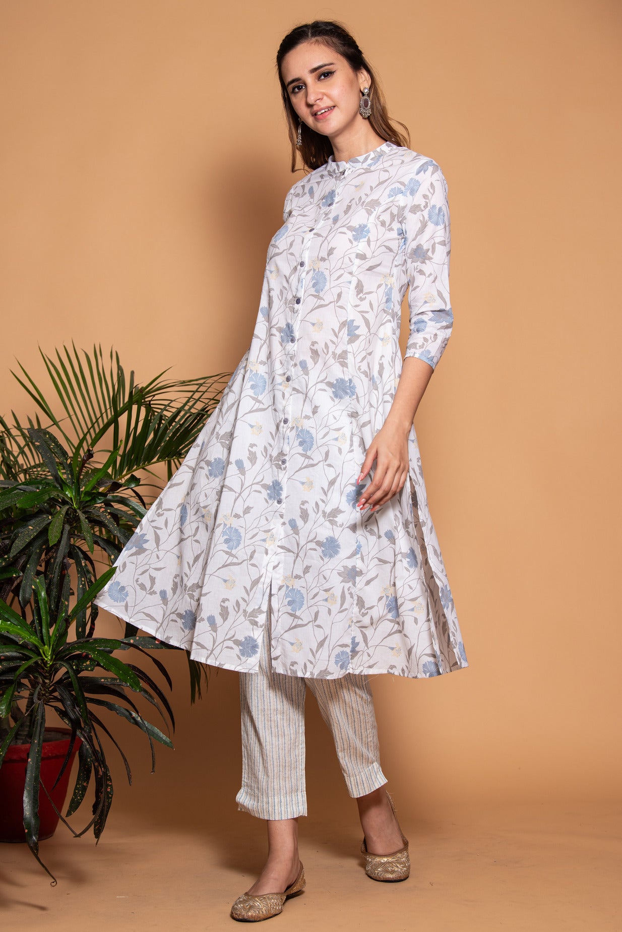 White With Grey Floral Printed Cotton Kurti
