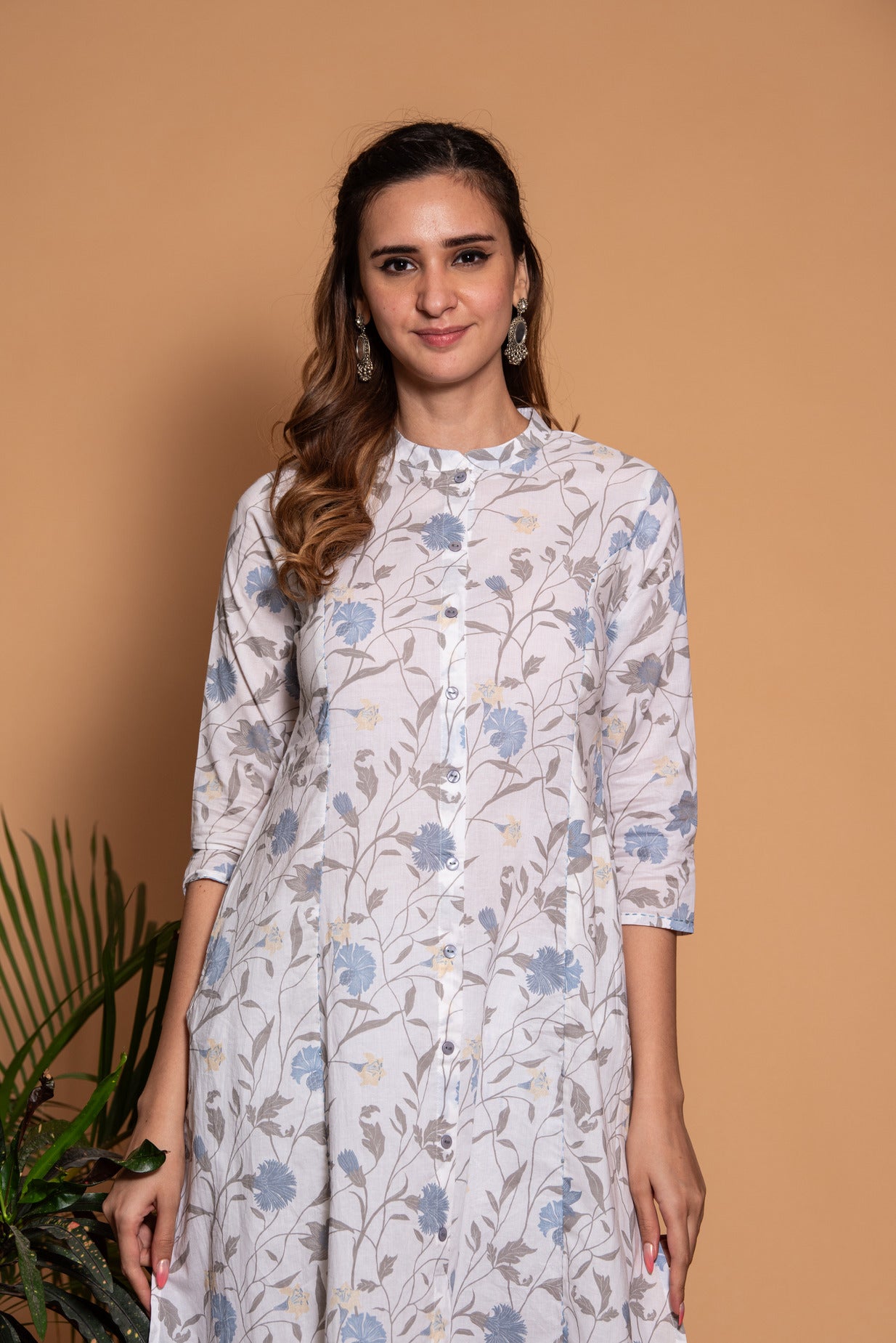 White With Grey Floral Printed Cotton Kurti
