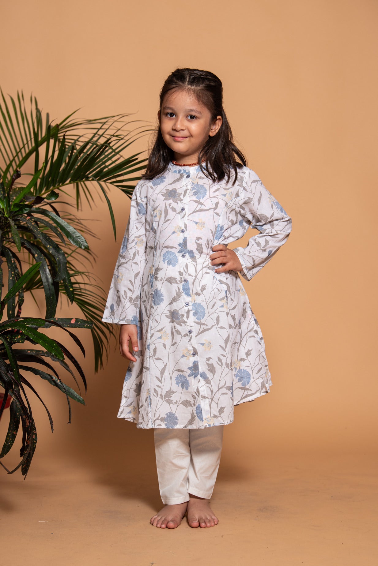 White With Grey Floral Printed Cotton Kurti