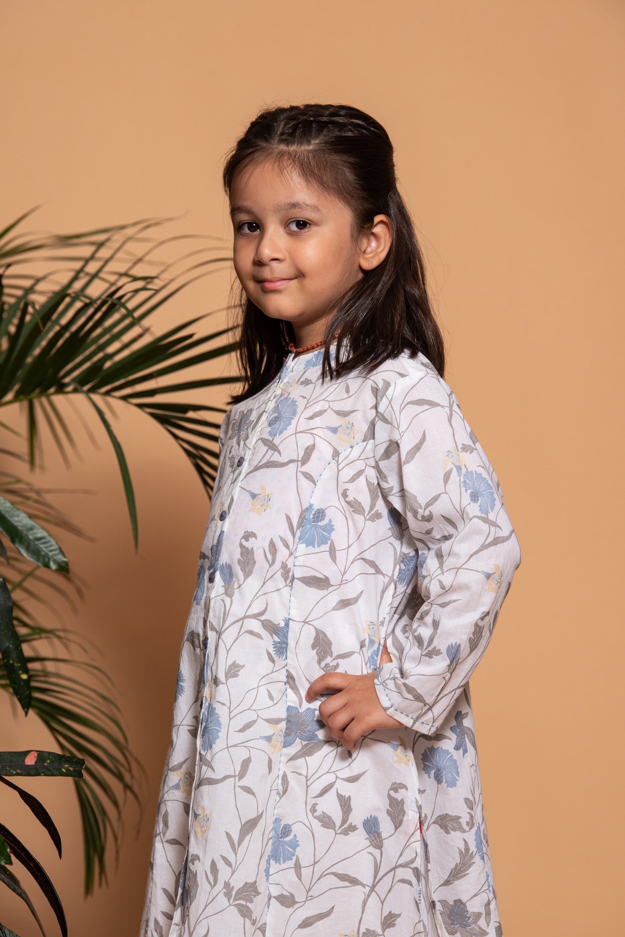 White With Grey Floral Printed Cotton Kurti