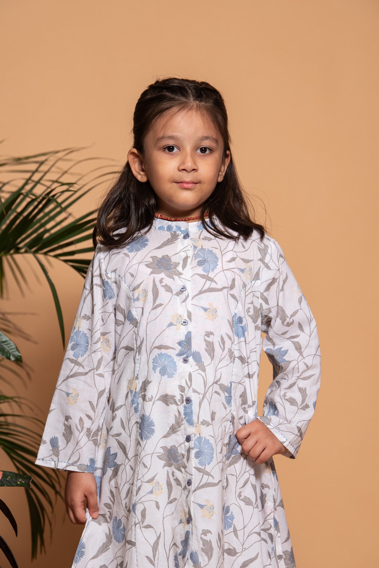 White With Grey Floral Printed Cotton Kurti