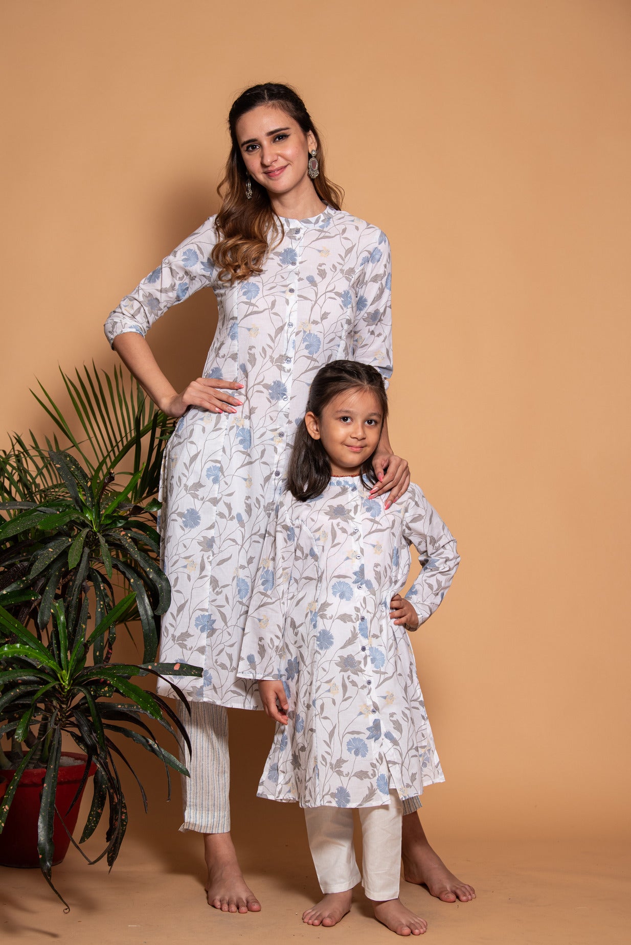 White With Grey Floral Printed Cotton Kurti