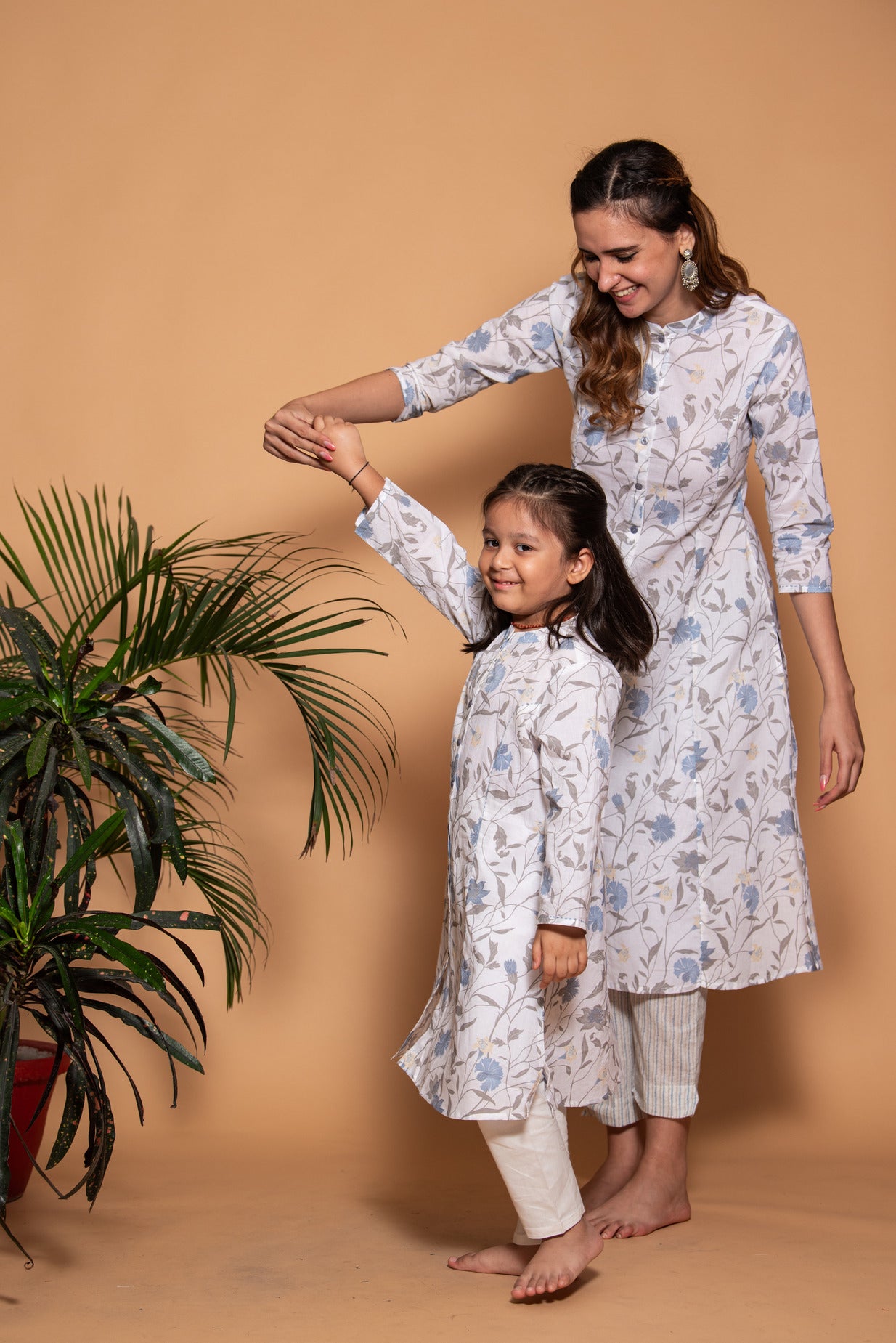 White With Grey Floral Printed Cotton Kurti