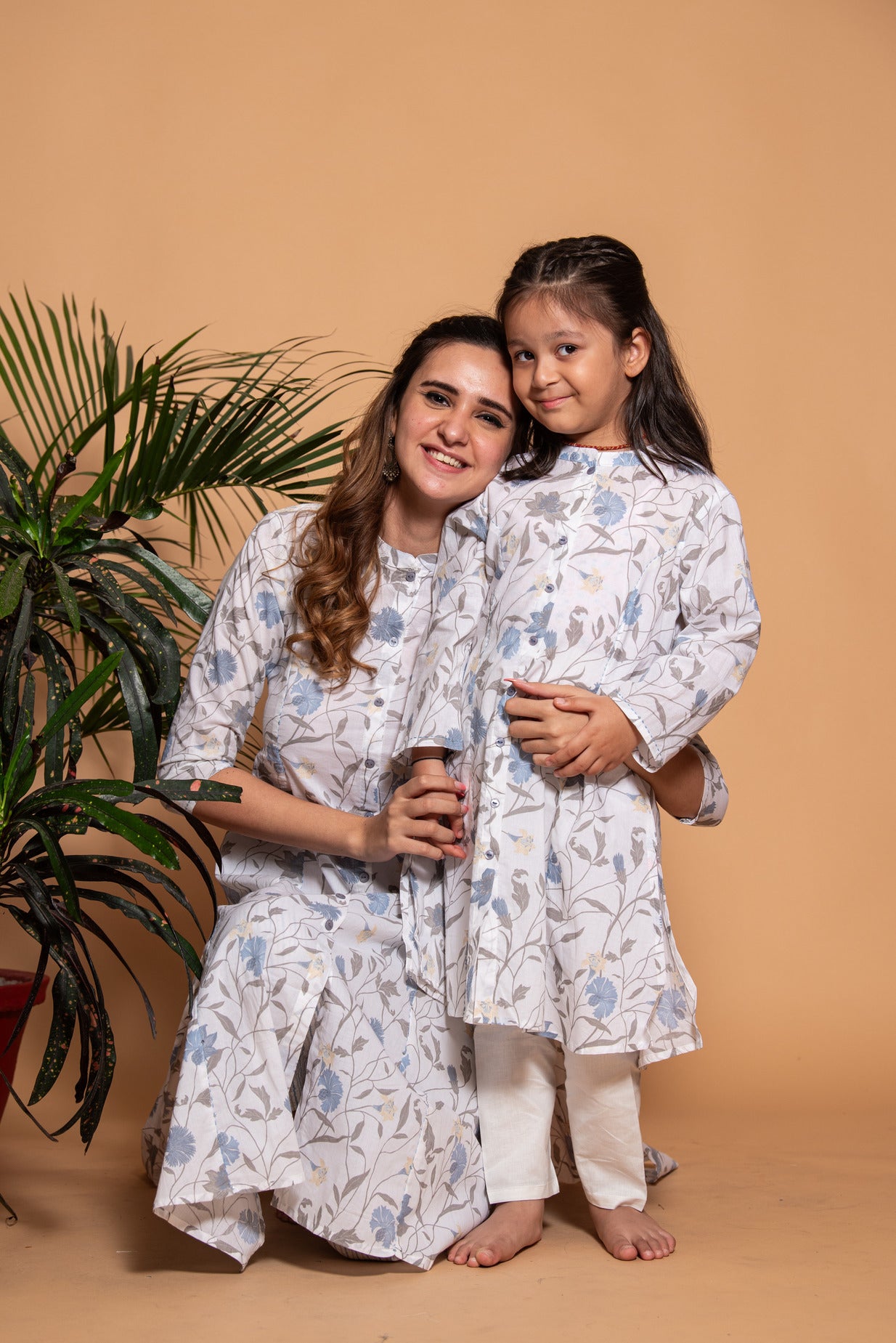 White With Grey Floral Printed Cotton Kurti