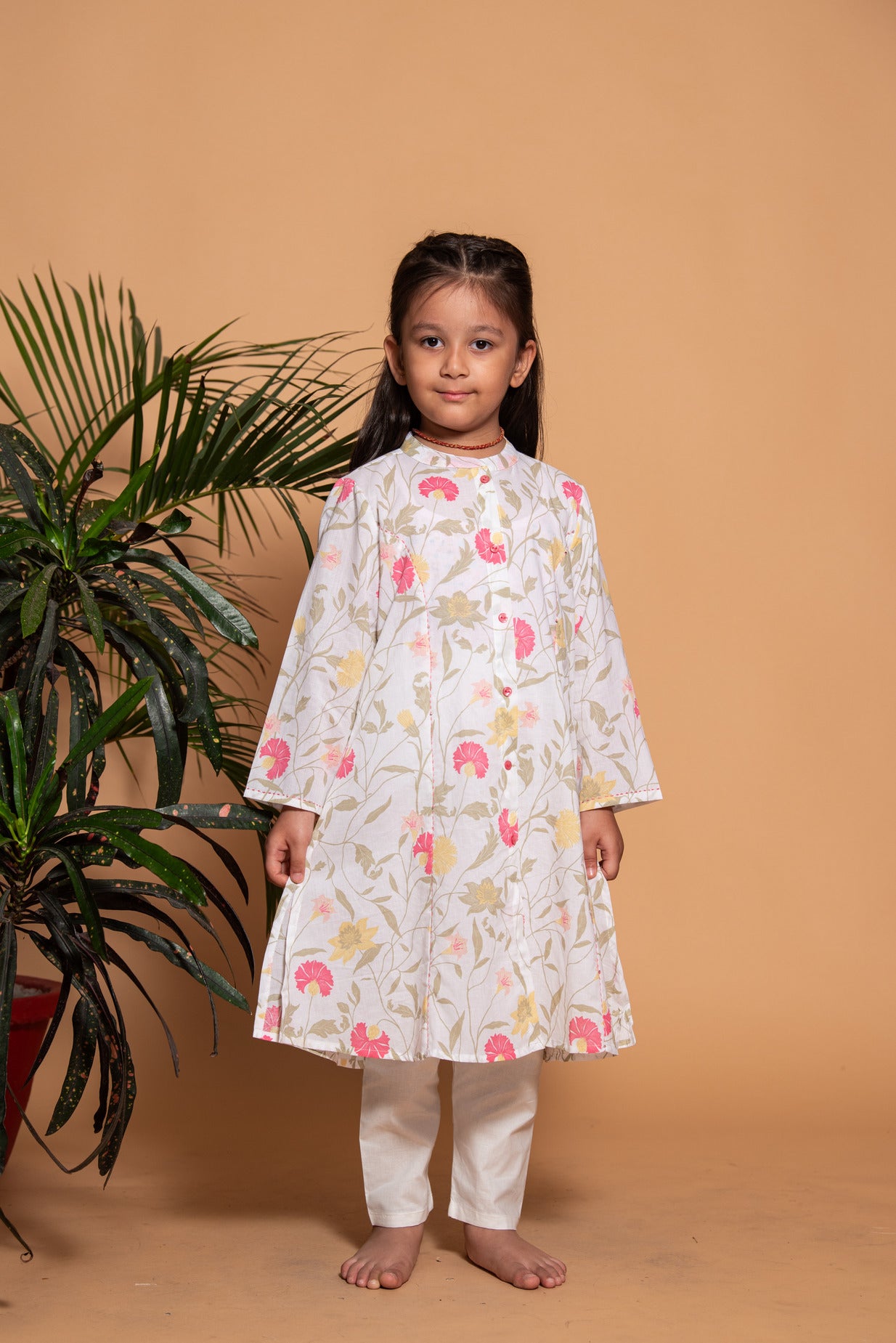 White with Pink floral Printed Cotton Girl's Kurti