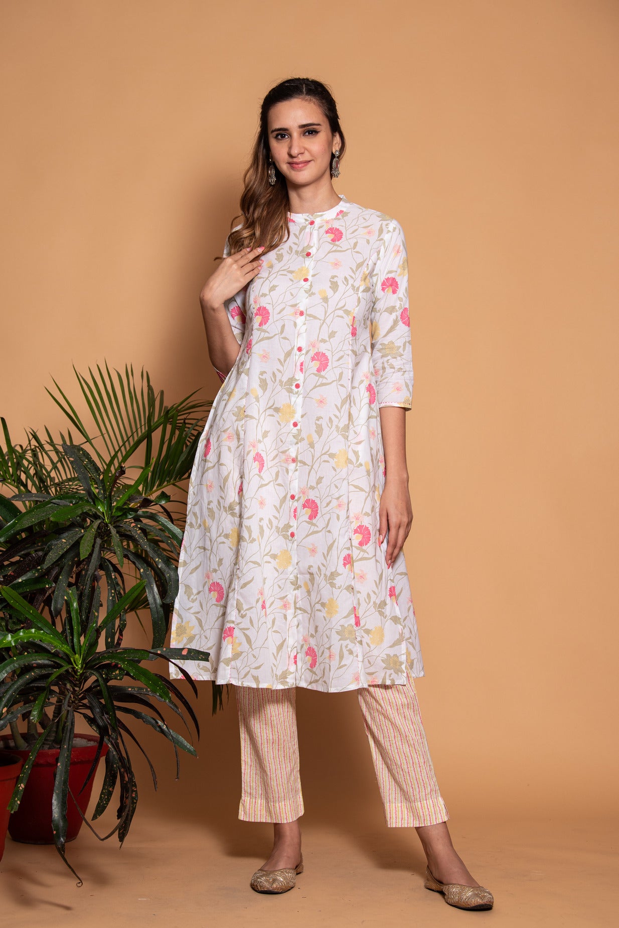 White with Pink Floral Printed Cotton Kurti
