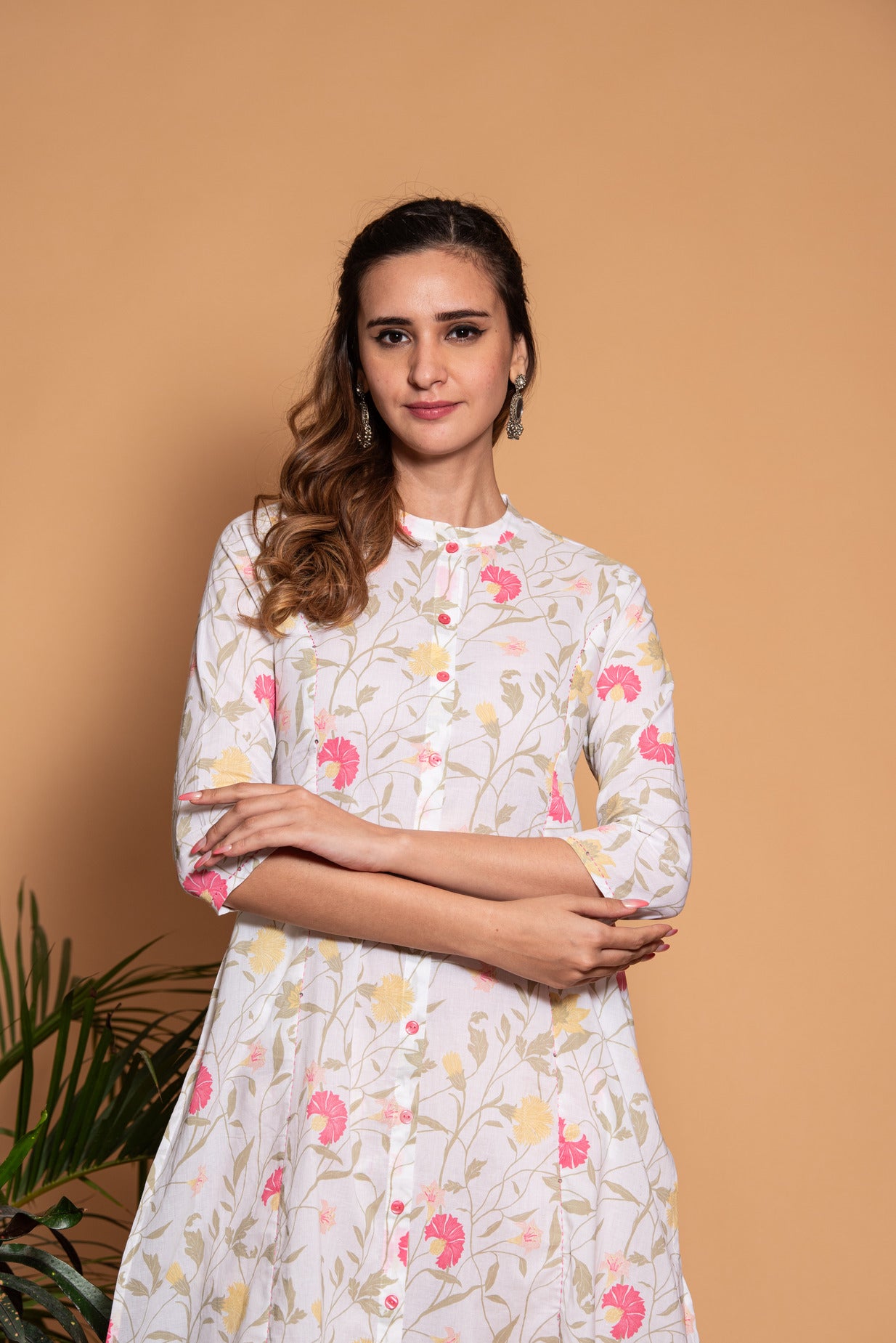 White with Pink Floral Printed Cotton Kurti