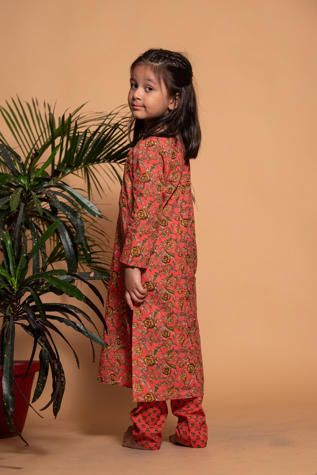 Coral with Yellow Floral Printed Cotton Kurti Set