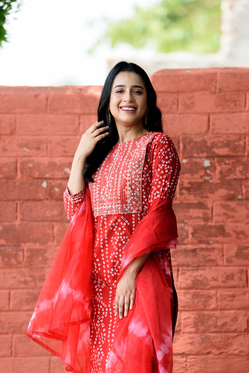 Red Bandhani Printed Embellished Cotton Suit Set