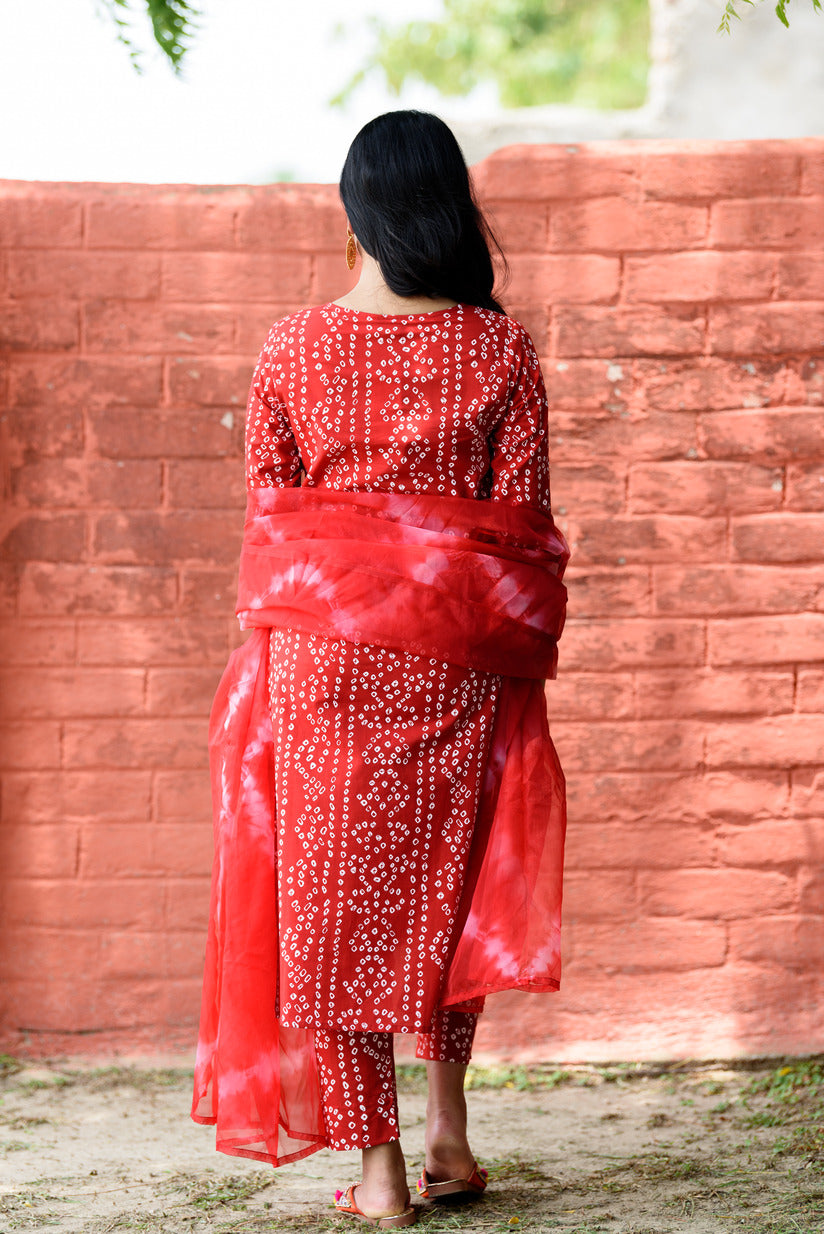 Red Bandhani Printed Embellished Cotton Suit Set
