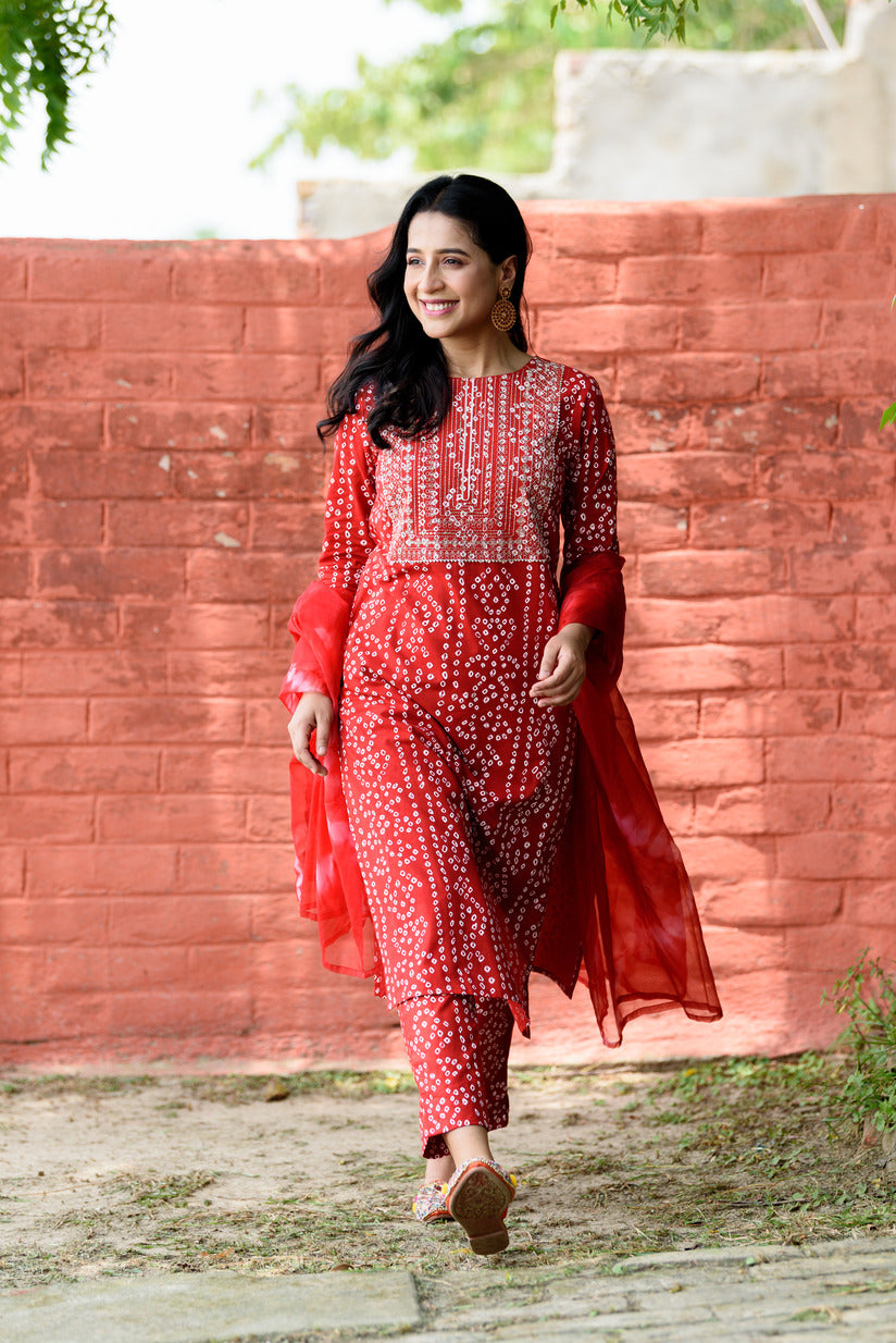 Red Bandhani Printed Embellished Cotton Suit Set