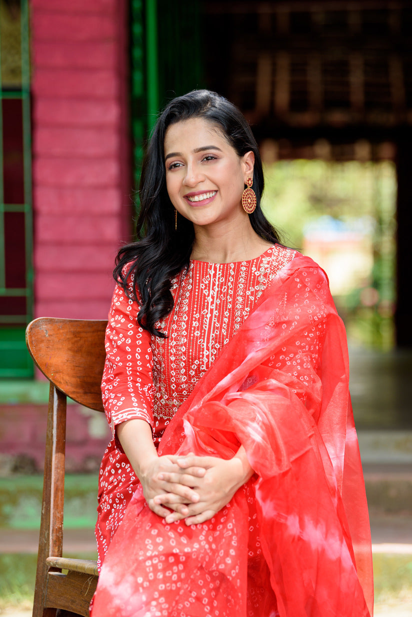 Red Bandhani Printed Embellished Cotton Suit Set