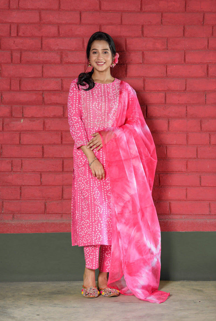 Light Pink Bandhani Printed Embellished Cotton Suit Set