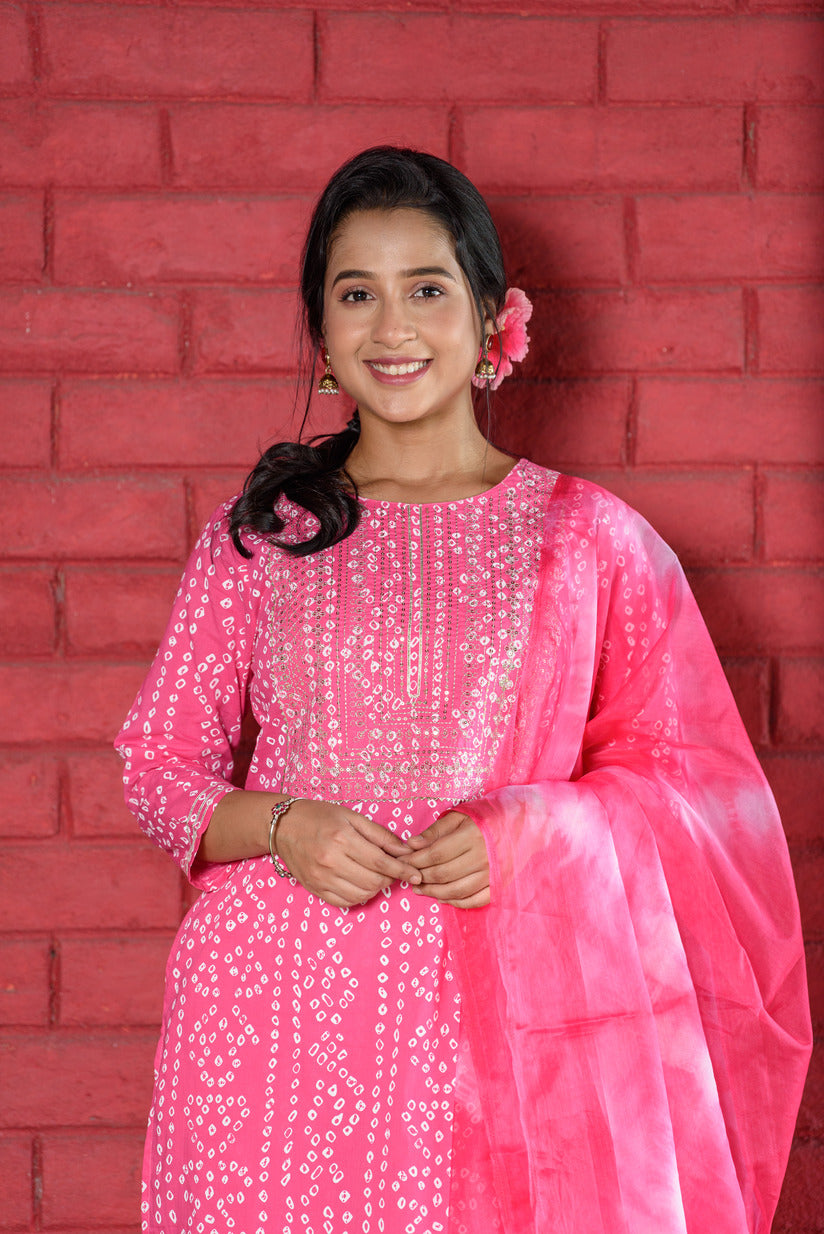 Light Pink Bandhani Printed Embellished Cotton Suit Set