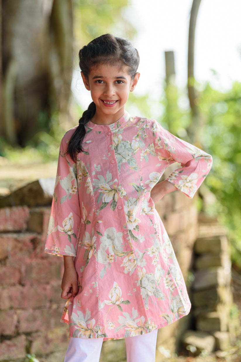 Pastel Pink Floral Printed Simple Cotton Girl's Kurti