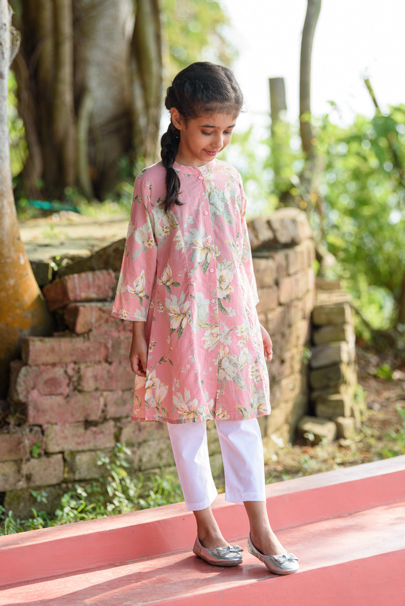 Pastel Pink Floral Printed Simple Cotton Girl's Kurti