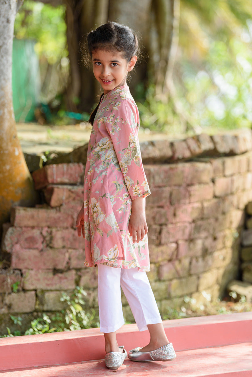 Pastel Pink Floral Printed Simple Cotton Girl's Kurti