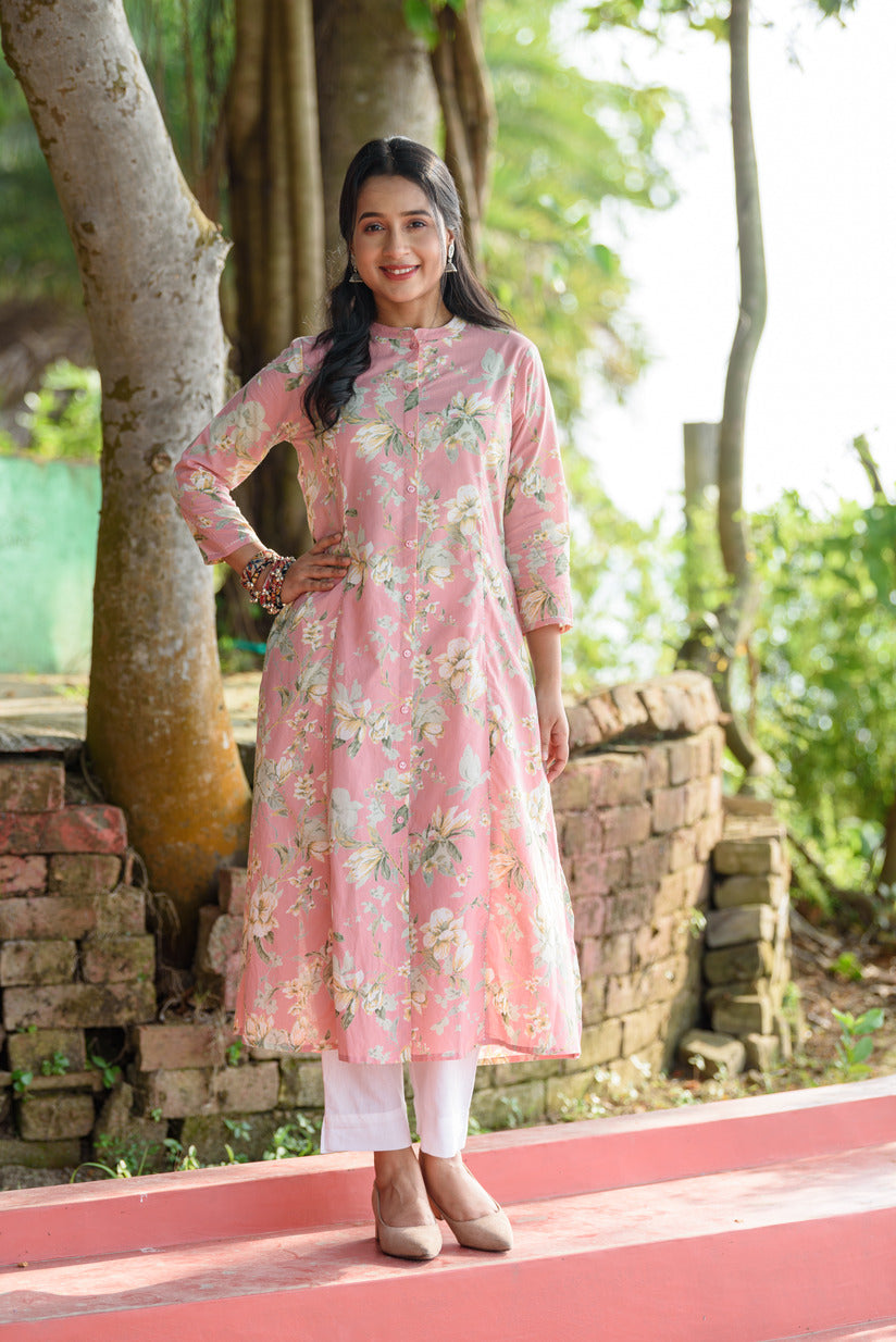 Pastel Pink Floral Printed Simple Cotton Kurti