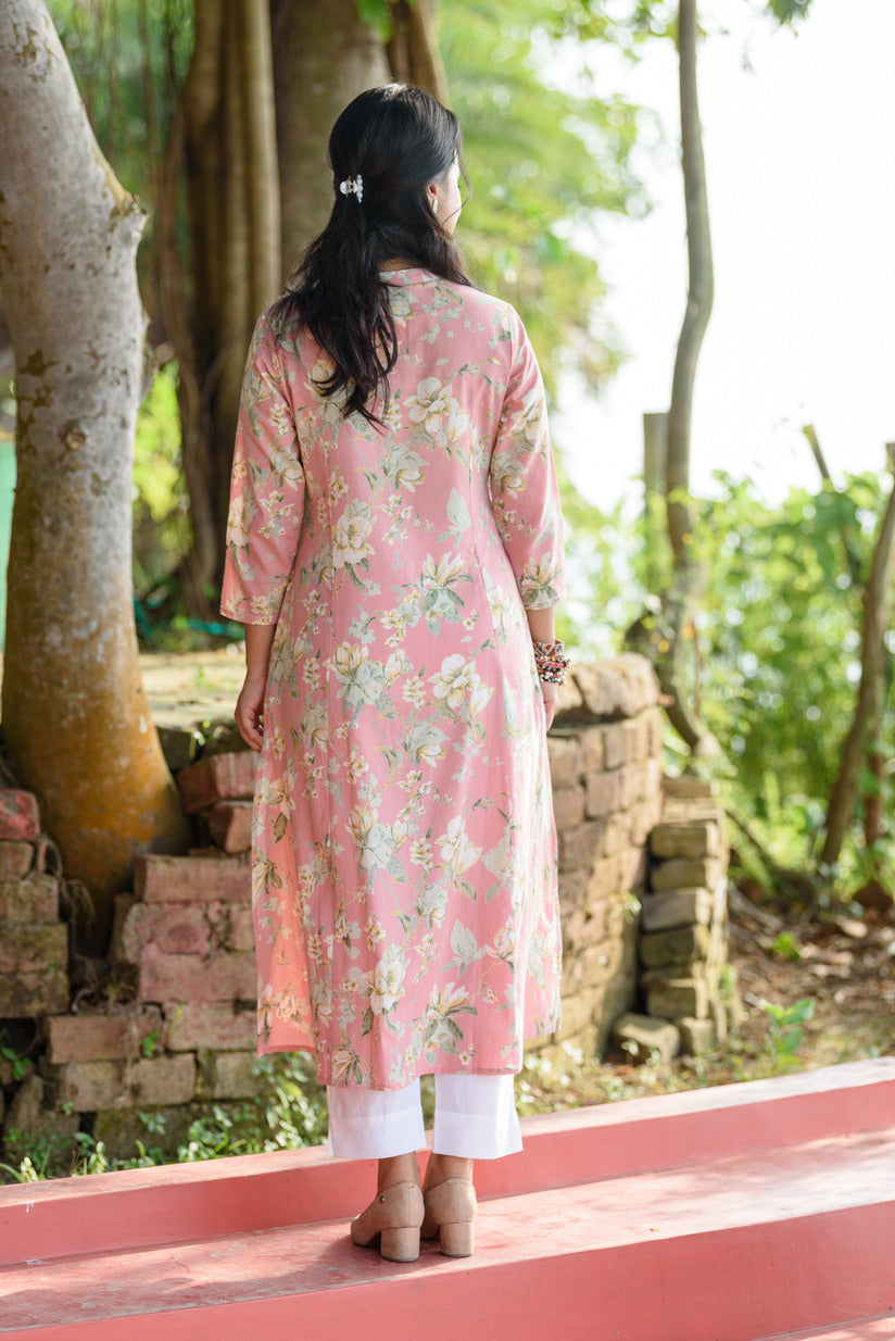 Pastel Pink Floral Printed Simple Cotton Kurti