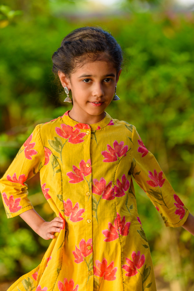 Lemon Yellow Floral Printed Cotton Kurti