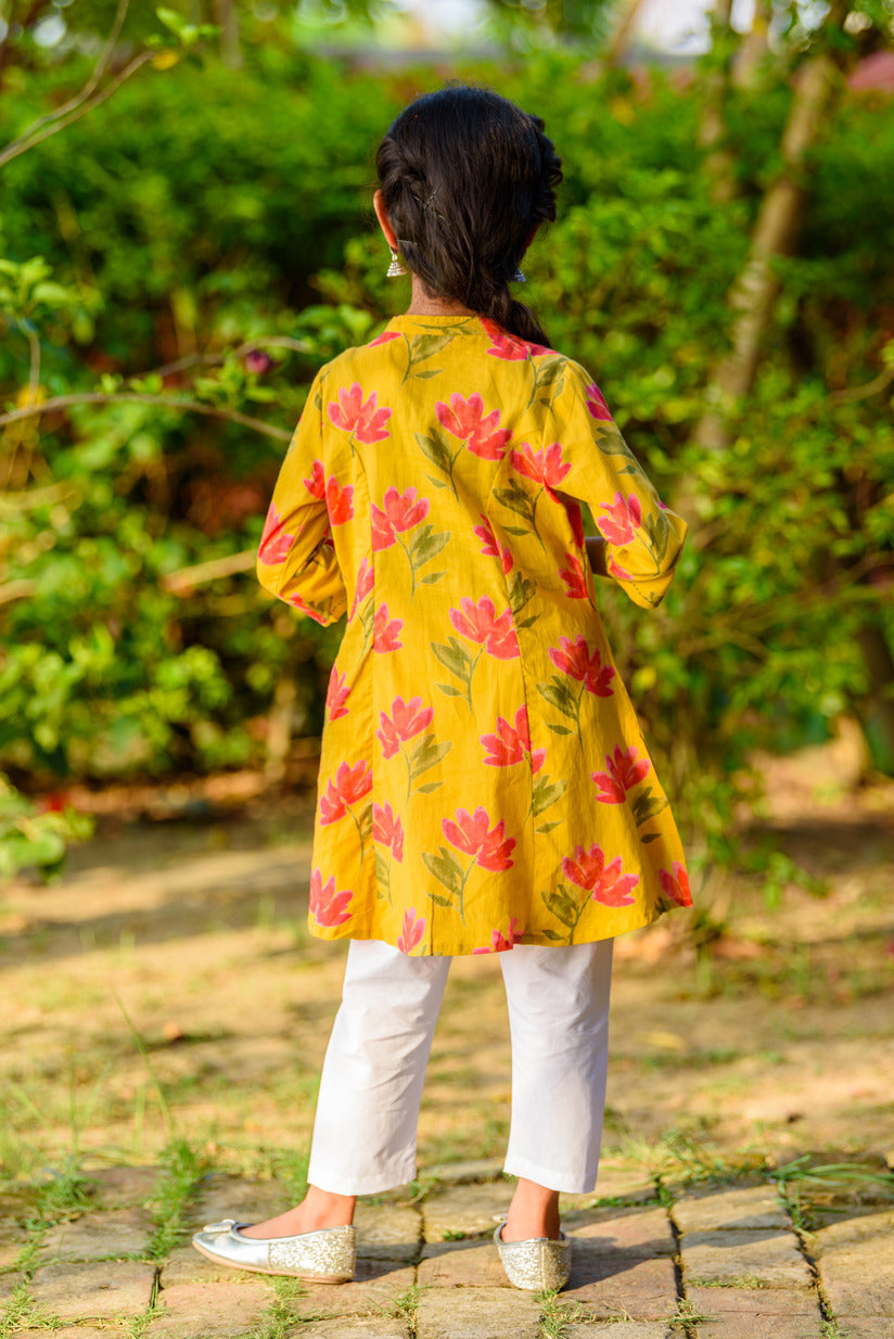 Lemon Yellow Floral Printed Cotton Kurti