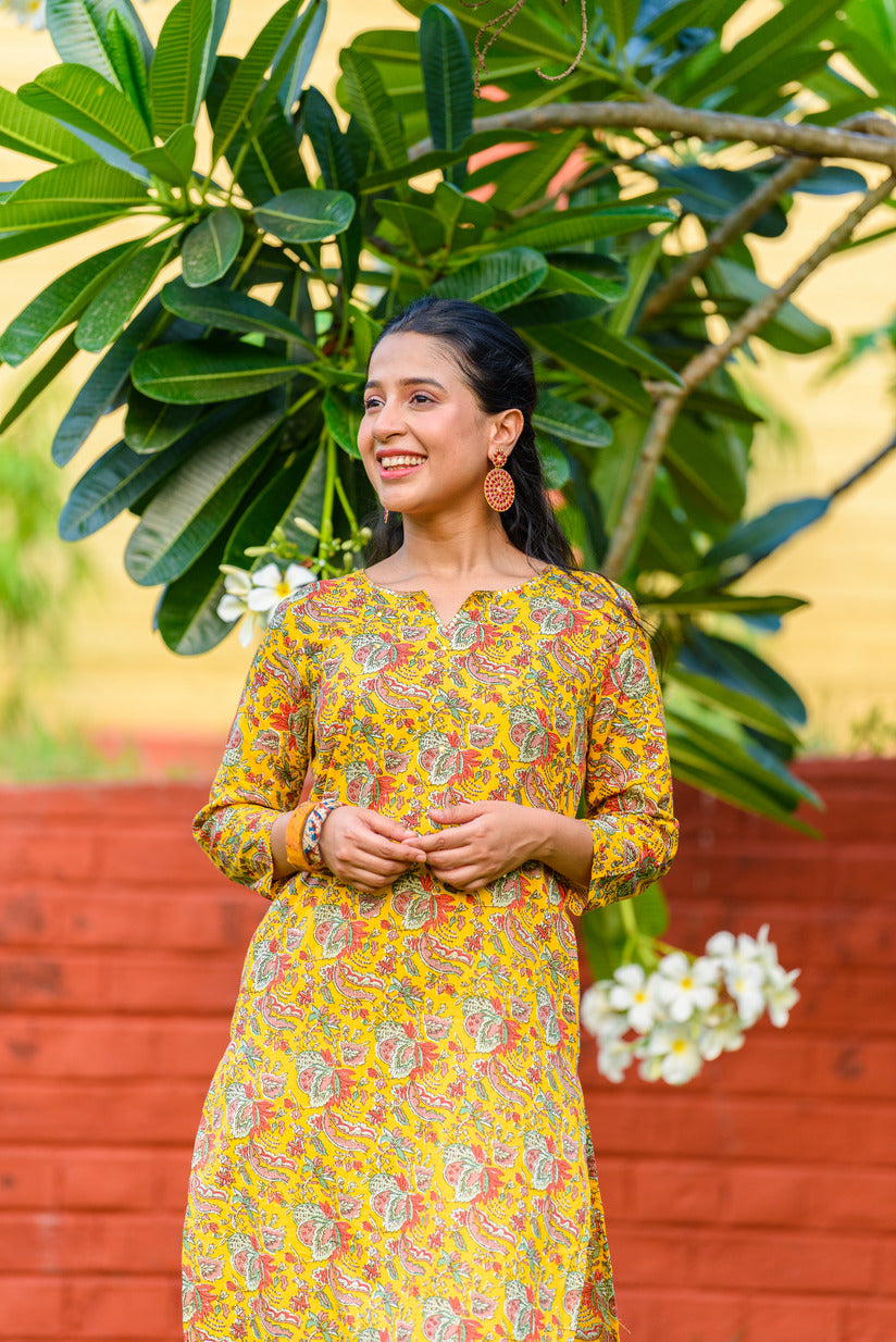 Golden Yellow with Mirror Work Floral Printed Cotton Kurti Set