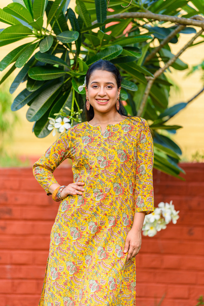 Golden Yellow with Mirror Work Floral Printed Cotton Kurti Set