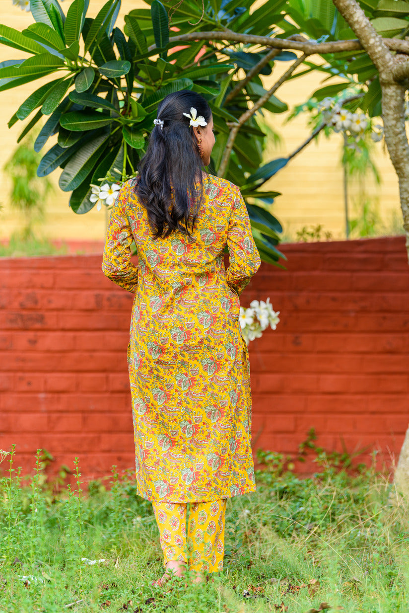 Golden Yellow with Mirror Work Floral Printed Cotton Kurti Set