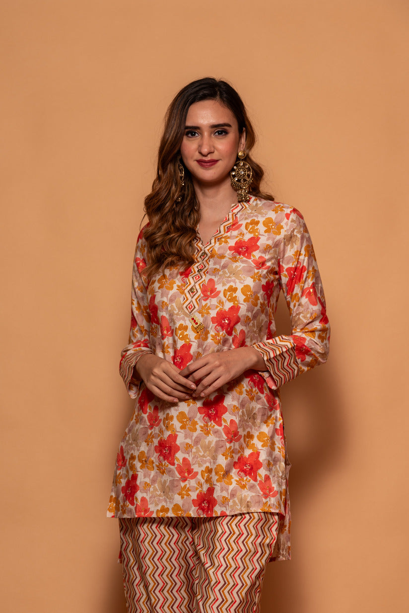 Cream with Orange Floral Printed Muslin Co-Ord Set