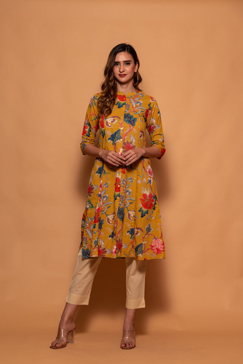 Yellow Floral Printed Simple Cotton Kurti