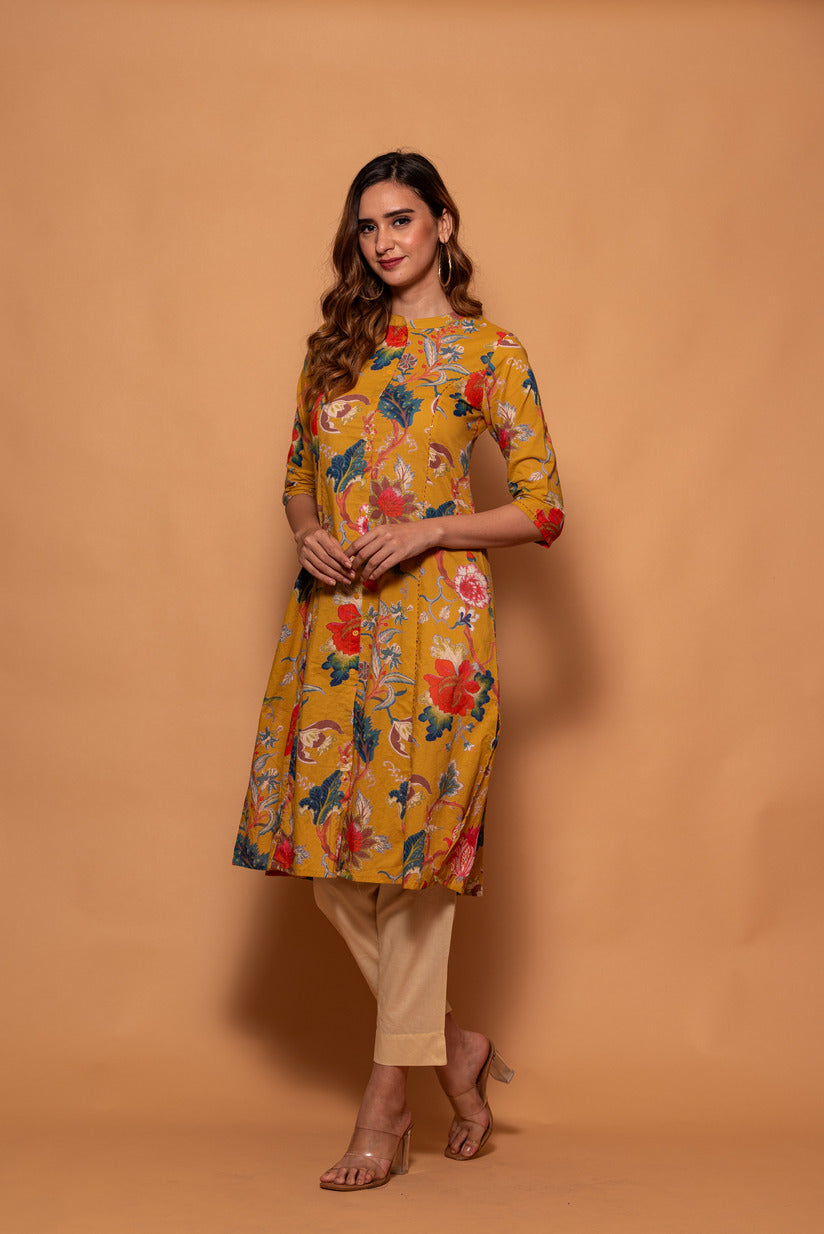 Mustard Yellow Floral Printed Simple Cotton Kurti