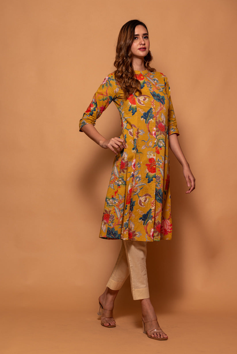 Mustard Yellow Floral Printed Simple Cotton Kurti