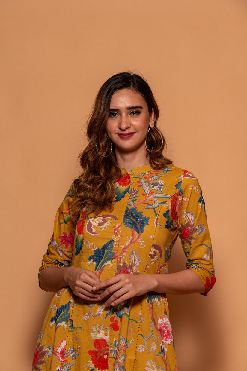 Mustard Yellow Floral Printed Simple Cotton Kurti